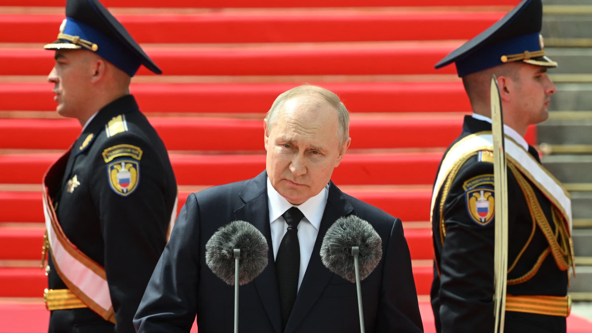 Russian President Vladimir Putin addresses troops from the defense ministry, National Guard, FSB security service and interior ministry in central Moscow on June 27, 2023. 