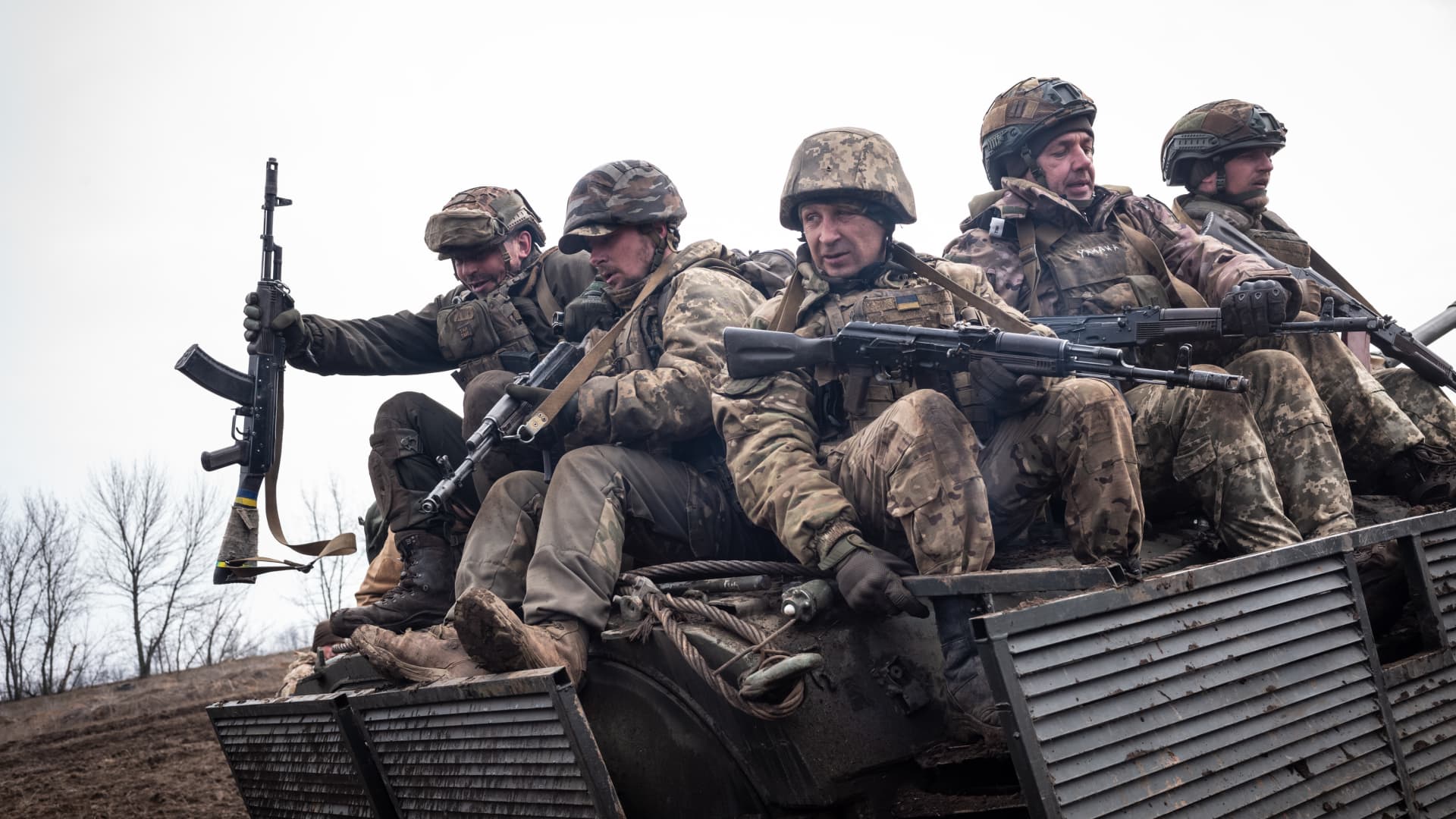 Ukrainian servicemen practice combat drills involving a BMP-1 in Donbas, Ukraine as Russia-Ukraine war continues on March 19, 2024. 