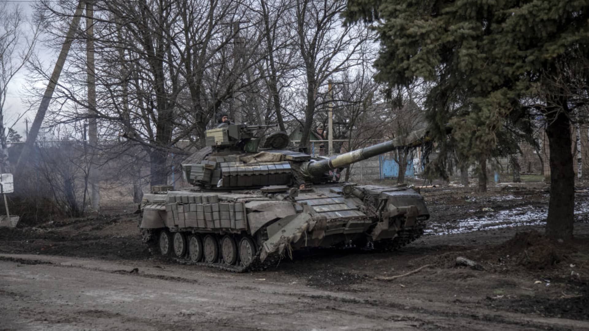 A tank drives by near the Umanske frontline, recently claimed by the Russian troops, in the Donetsk region of Ukraine on February 22, 2024. 