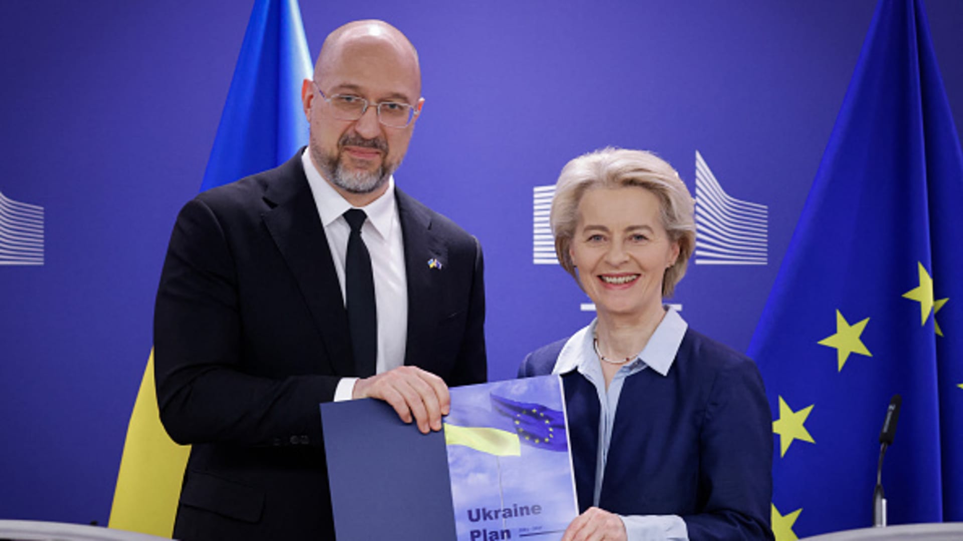 European Commission President Ursula von der Leyen (R) poses with Ukraine's Prime Minister Denys Shmyhal after a press conference at the EU headquarters in Brussels on March 20, 2024. 
