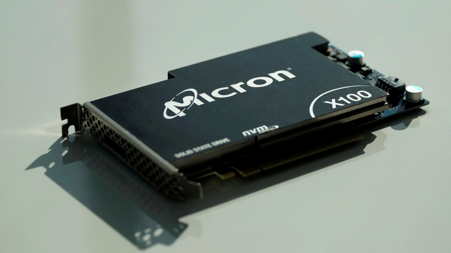 Micron Technology's solid-state drive for data center customers is presented at a product launch event in San Francisco on Oct. 24, 2019.