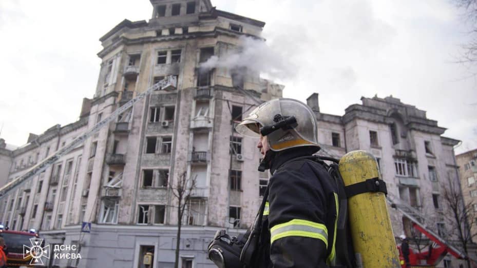 KYIV, UKRAINE - MARCH 21: (----EDITORIAL USE ONLY - MANDATORY CREDIT - 'UKRAINIAN STATE EMERGENCY SERVICE / HANDOUT' - NO MARKETING NO ADVERTISING CAMPAIGNS - DISTRIBUTED AS A SERVICE TO CLIENTS----) Firefighters try to extinguish the fire after a fire broke out residential buildings and conduct search and rescue operations after Russian attacks in Kyiv, Ukraine on March 21, 2024. As a result of Russia's attacks on the capital Kyiv, explosions occurred in Podilsk, Shevchenkiv and Sviatoshyn regions. As a re