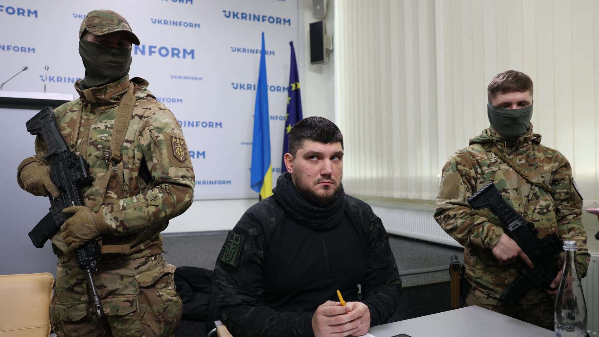 The commander and founder of the Russian Volunteer Corps, Denis 'Whiterex' together with his soldiers wait after a press conference on behalf of the Russian Liberation Forces fighting along side Ukranian forces, in Kyiv on March 21, 2024, amid the Russian invasion of Ukraine. 