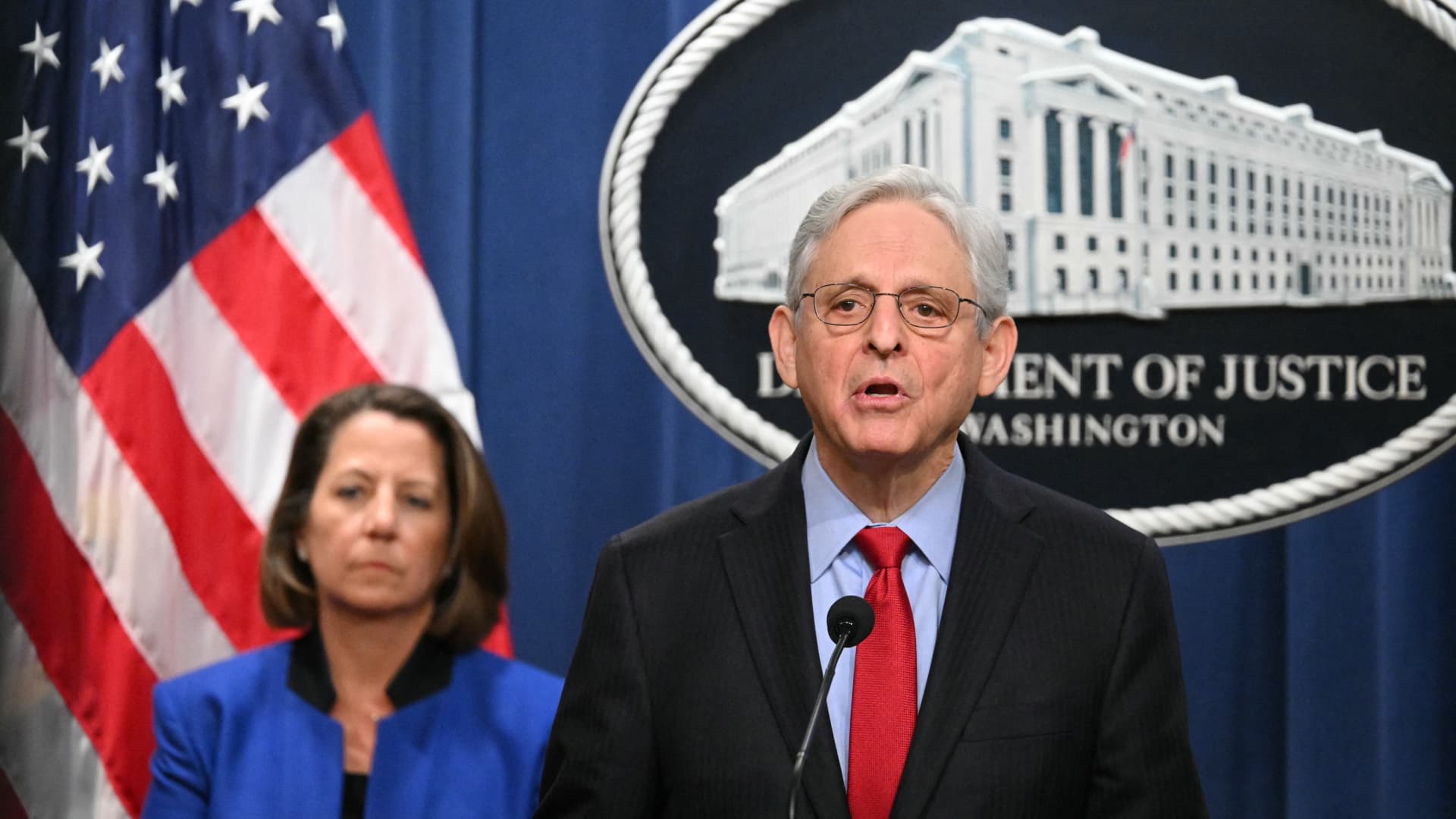 US Attorney General Merrick Garland announces an antitrust lawsuit against Apple, at the Justice Department in Washington, DC, on March 21, 2024. 
