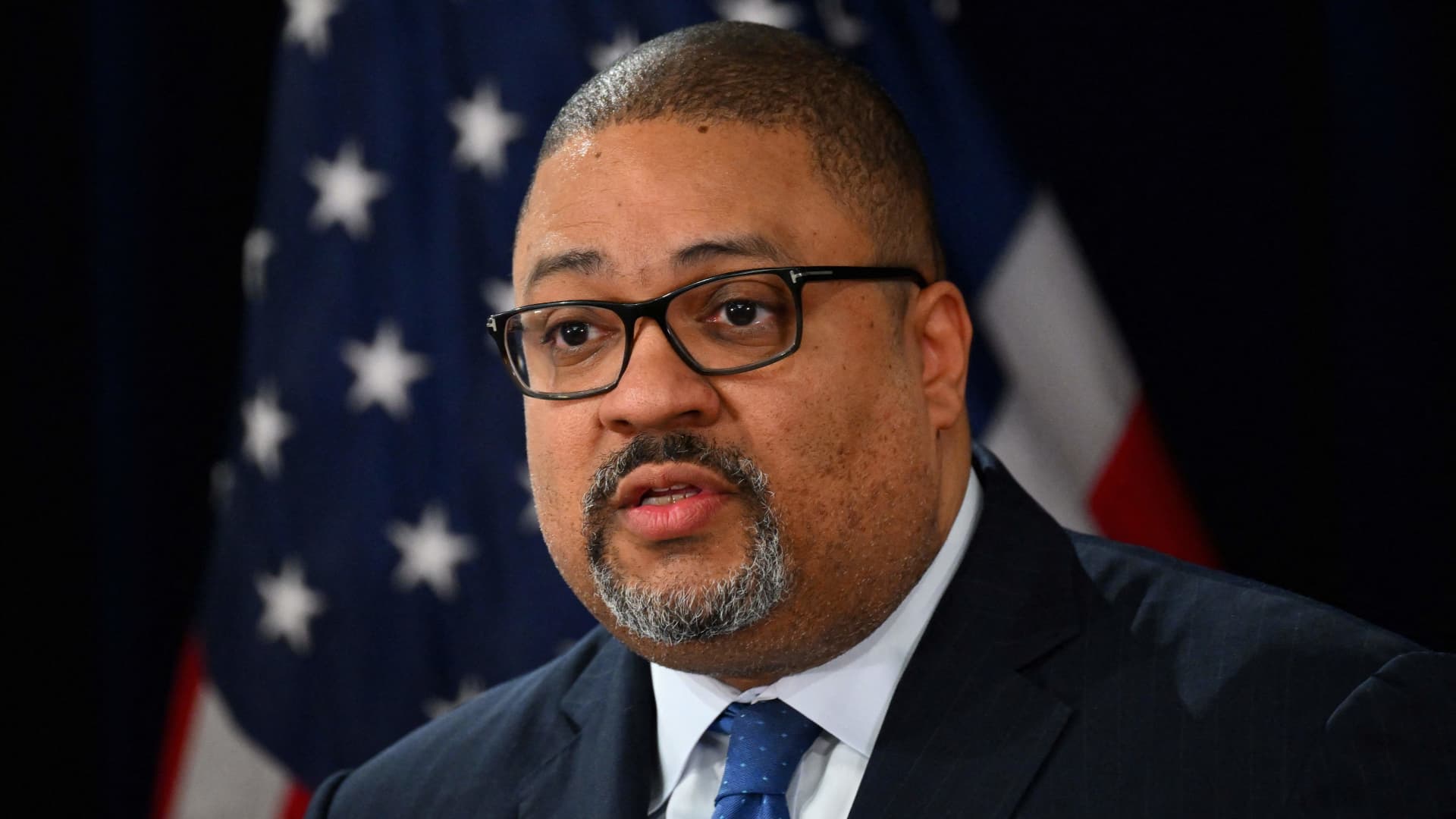 Manhattan District Attorney Alvin Bragg speaks during a press conference to discuss his indictment of former President Donald Trump, outside the Manhattan Federal Court in New York on April 4, 2023.