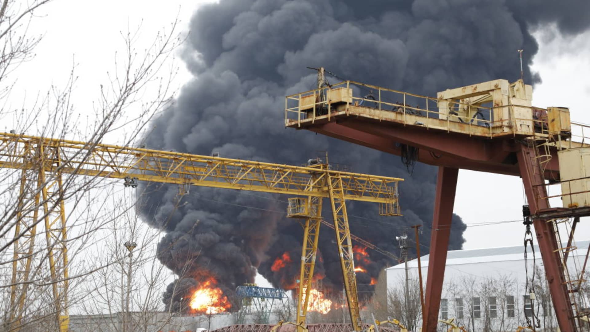 An image of damage after Regional Governor Vyacheslav Gladkov says that helicopters of the Ukrainian Army hit the oil refinery in Belgorod, Russia on April 1, 2022.