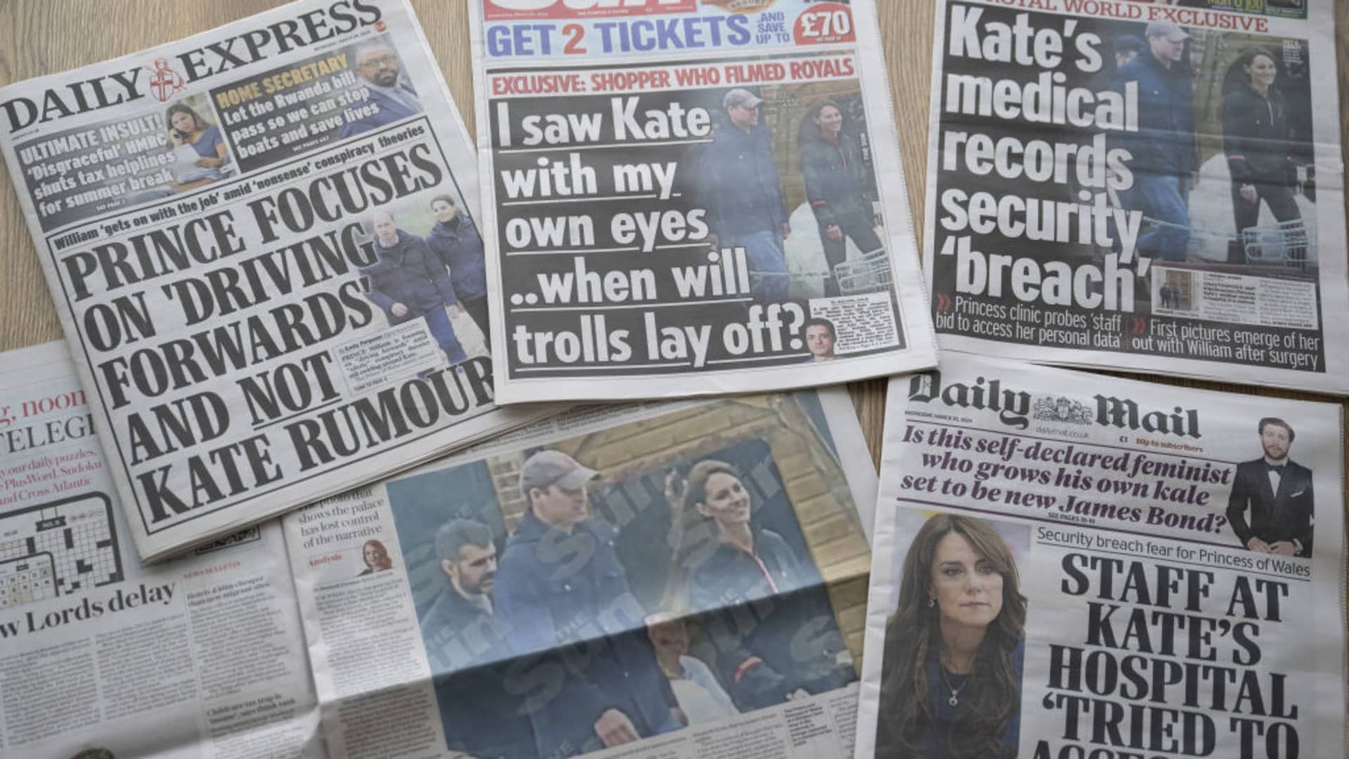 A view of the newspaper headlines that published photographs of Princess Kate during a casual outing with her husband, Prince William, at a farm produce market in Windsor on March 20, 2024 in London, United Kingdom.