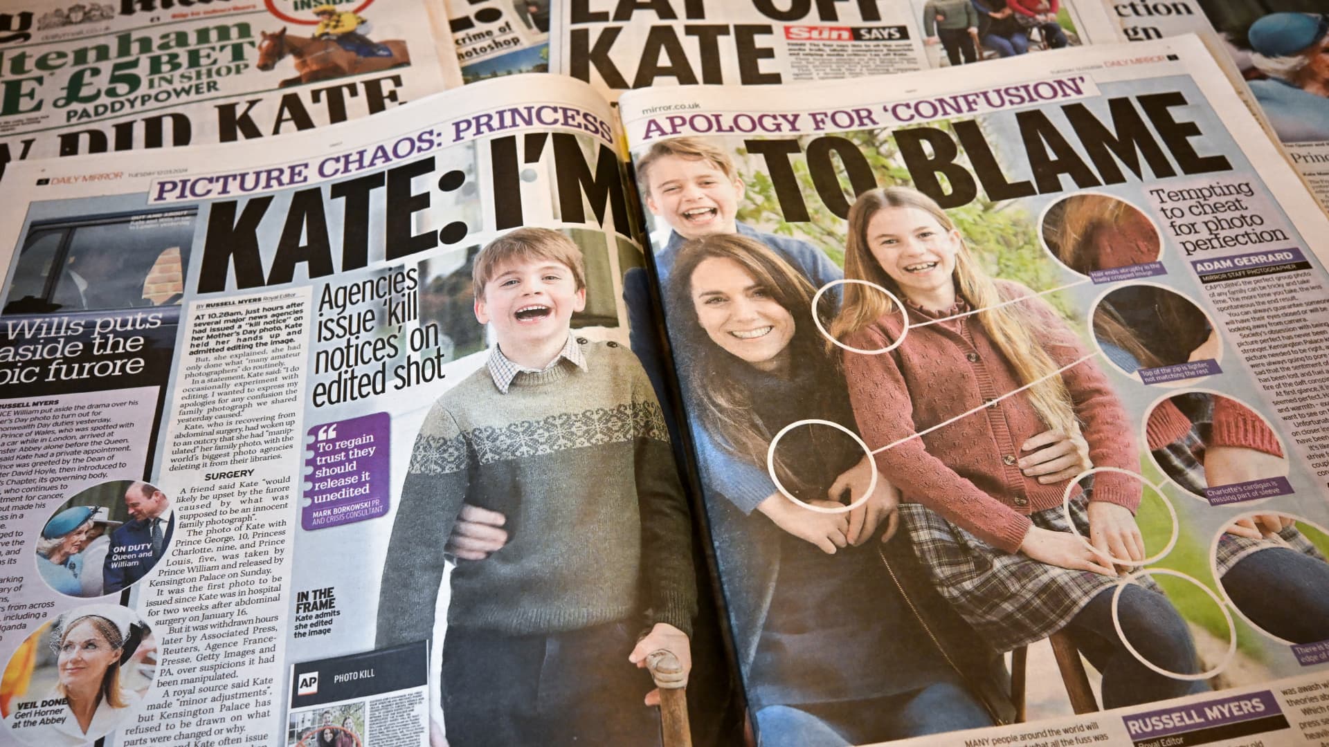 A picture shows stories in Britain's national newspapers, about the altered mother's day photo released by Kensington Palace on March 10, of Britain's Catherine, Princess of Wales and her children, in London on March 12, 2024.