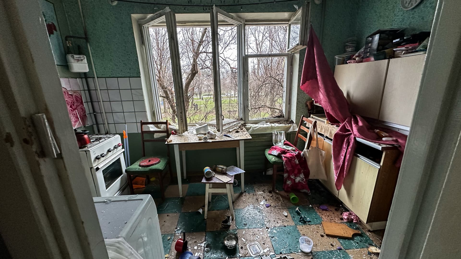 An apartment in the Dniprovskyi district is damaged by a Russian missile strike on March 22, 2024 in Zaporizhzhia, Ukraine.