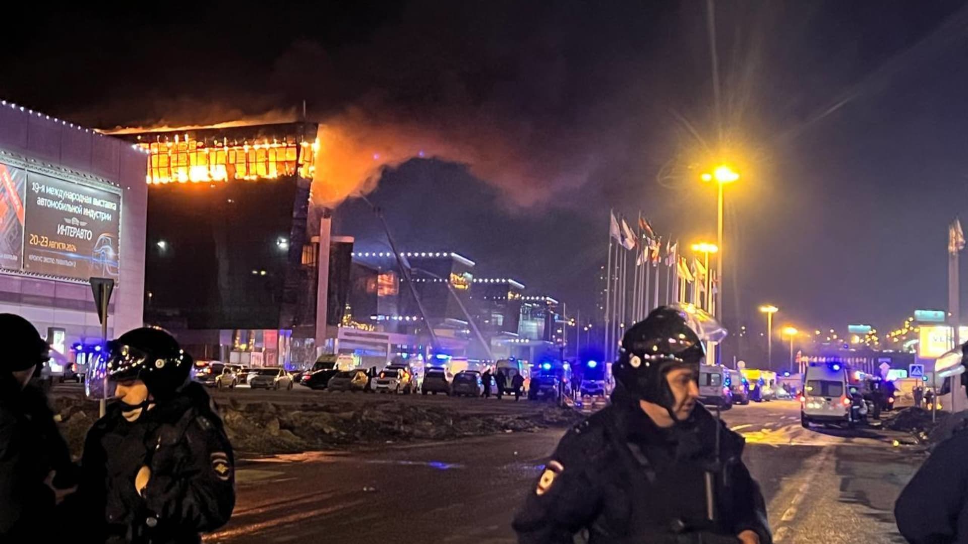 Working to extinguish the blaze continues at Crocus City Hall concert venue near Moscow, Russia after reports of a shooting incident on March 23, 2024. 