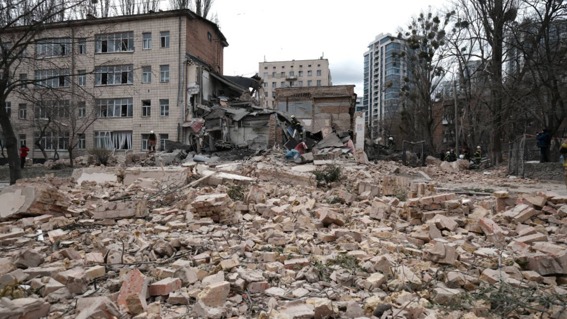 Rubble lies on the street after Russian missile attack on March 25, 2024 in Kyiv, Ukraine. Explosions rang out immediately after the air raid alert was announced. Debris of downed Russian missiles fell in several areas of the city. Russian forces struck Kyiv with two ballistic missiles from the occupied Crimea. 