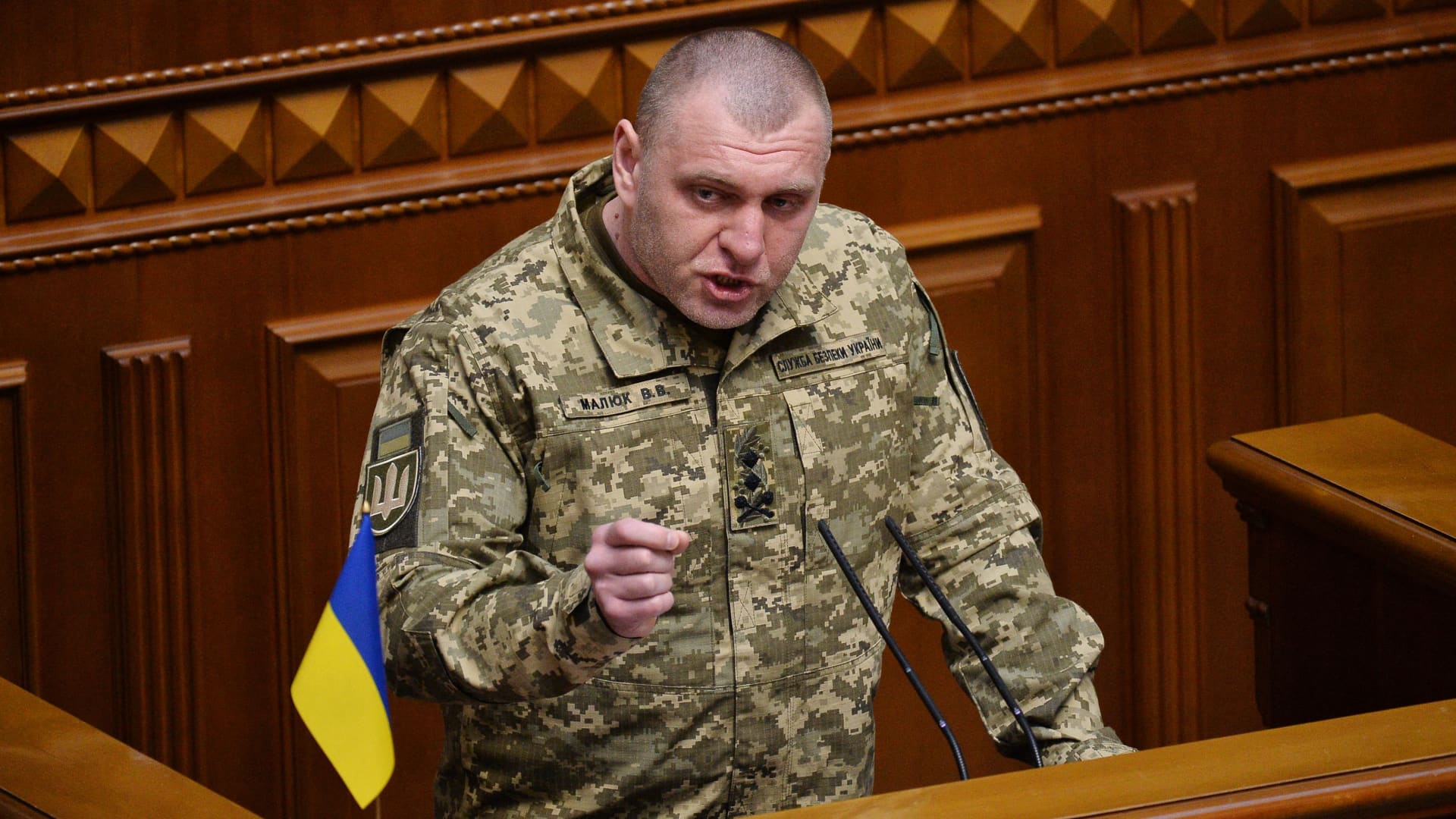 Vasyl Maliuk, head of the Security Service of Ukraine, speaks to members of the Ukrainian Parliament on February 7, 2023.