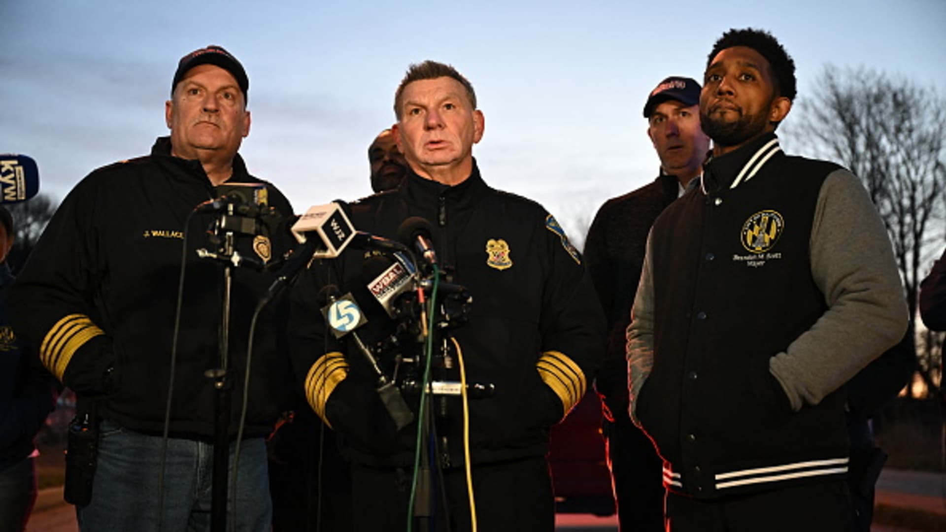 Baltimore Police Commissioner Richard Worley, with Mayor Brandon Scott (R) and Fire Department Chief James Wallace (L), speaks at a press conference on the collapse of the Francis Scott Key Bridge Baltimore, Maryland, on March 26, 2024. 