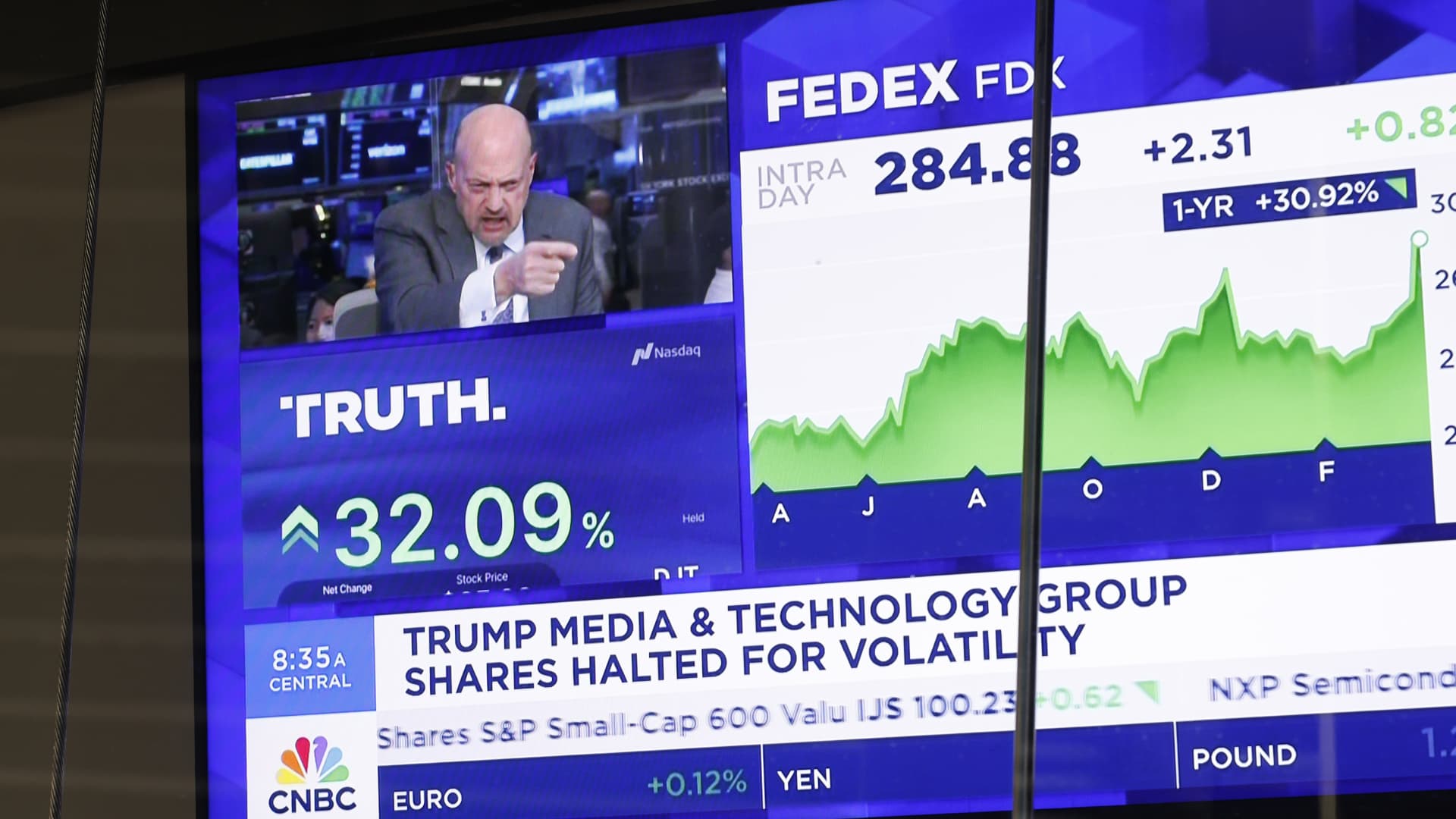 News of Trump Media & Technology Group public trading is seen on television screens at the Nasdaq Marketplace in New York City on March 26, 2024.