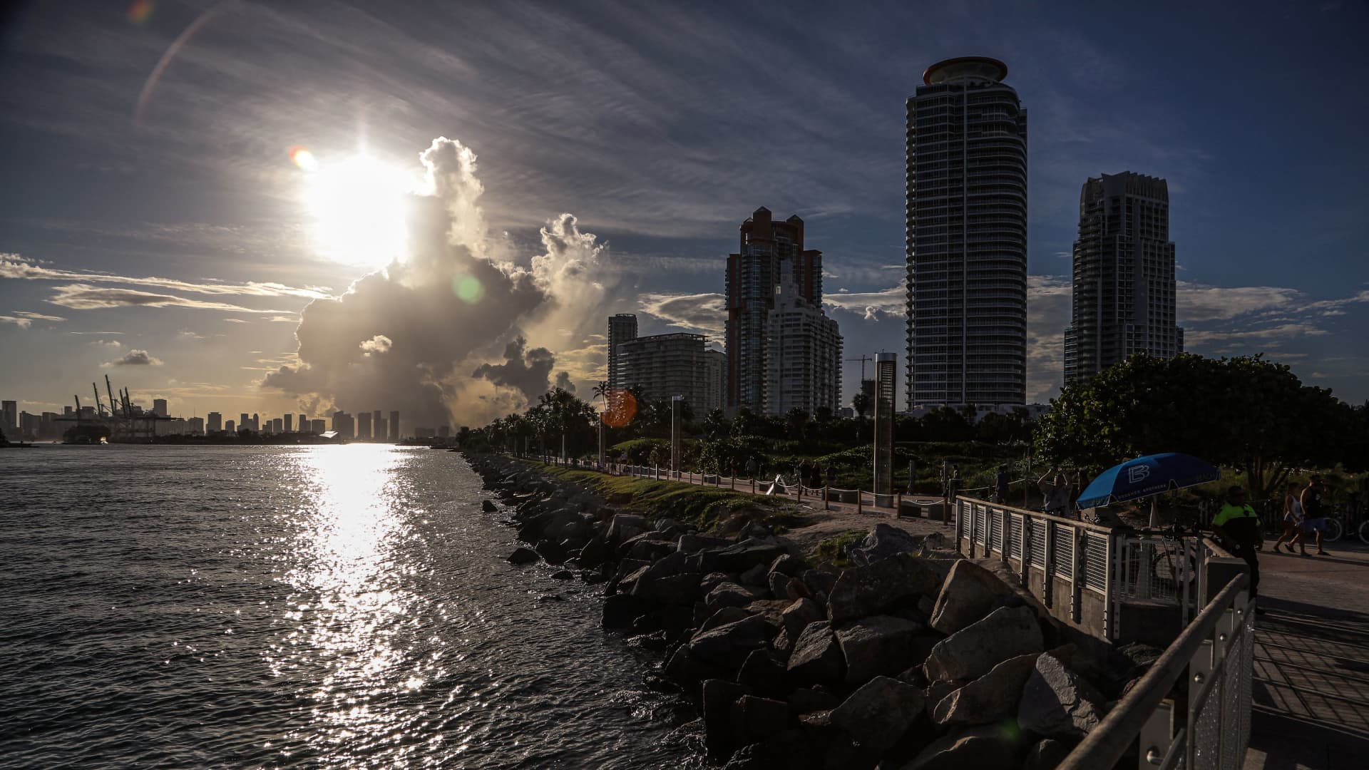 View of the Miami Bay entrance channel in Miami, Florida during a heat wave on June 26, 2023.