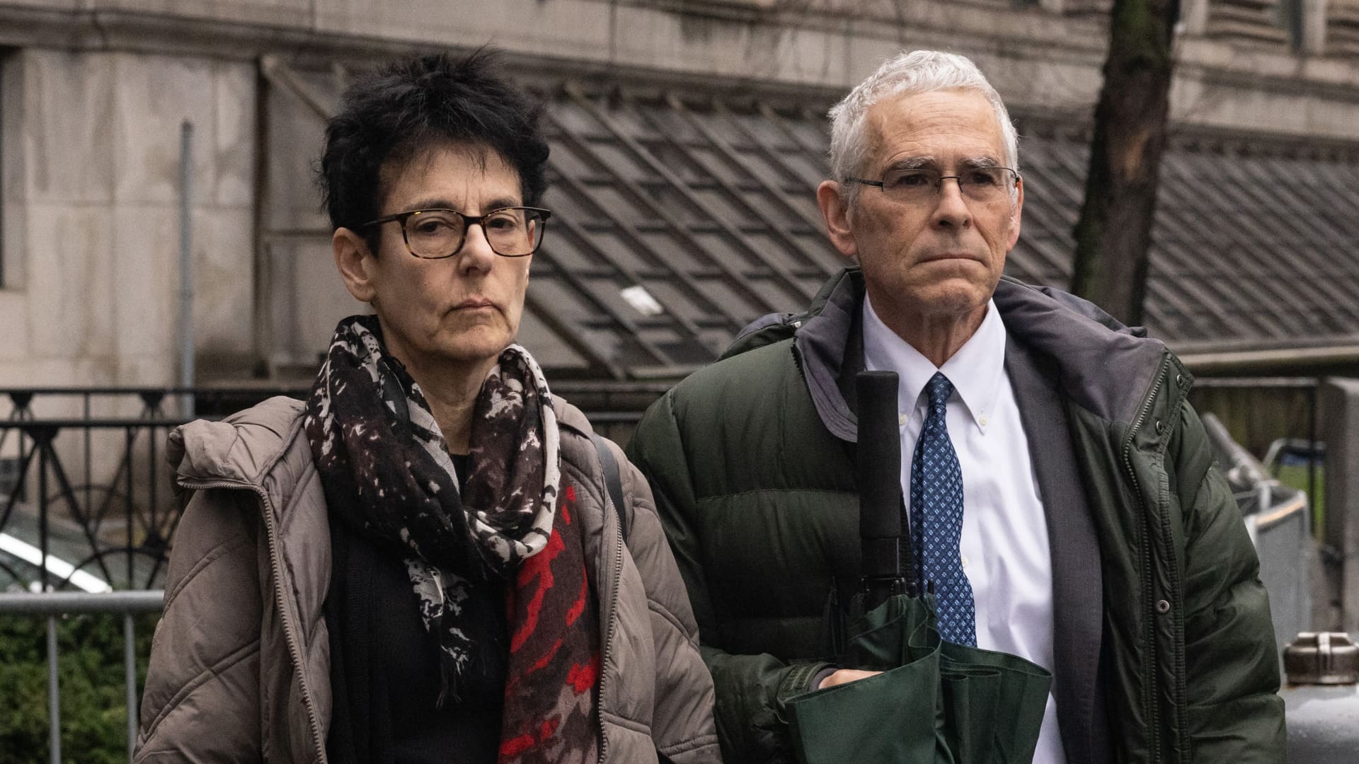 Barbara Fried and Allan Joseph Bankman, parents of FTX co-founder Sam Bankman-Fried, arrive at court in New York on March 28, 2024.