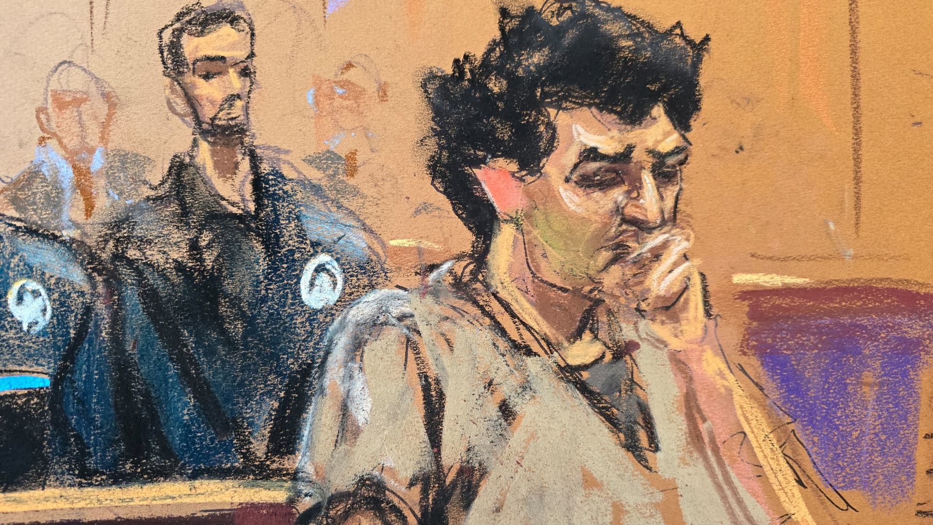 In this courtroom sketch, FTX founder Sam Bankman-Fried attends his sentencing hearing at federal court in New York City on March 28, 2024.