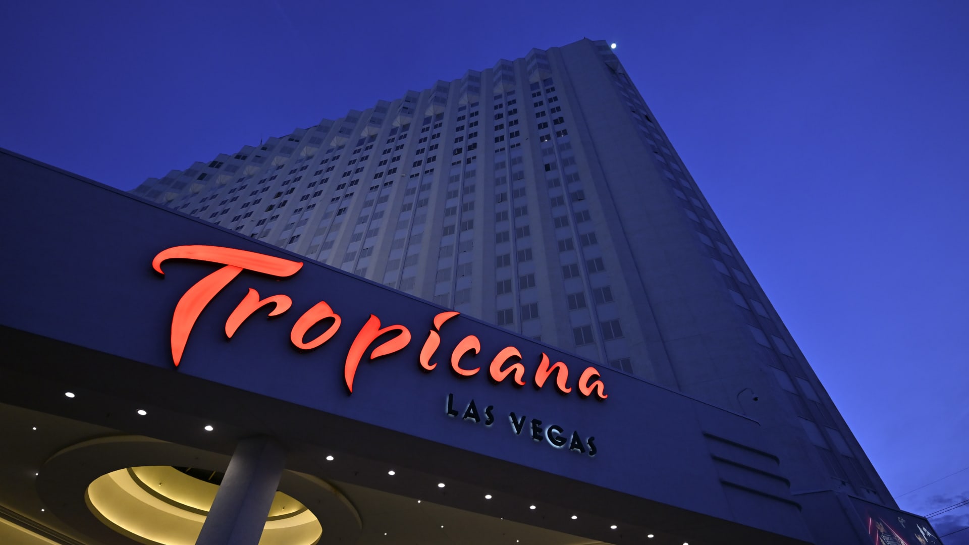 An exterior view shows the Tropicana Las Vegas at dusk on March 29, 2024 in Las Vegas, Nevada. 