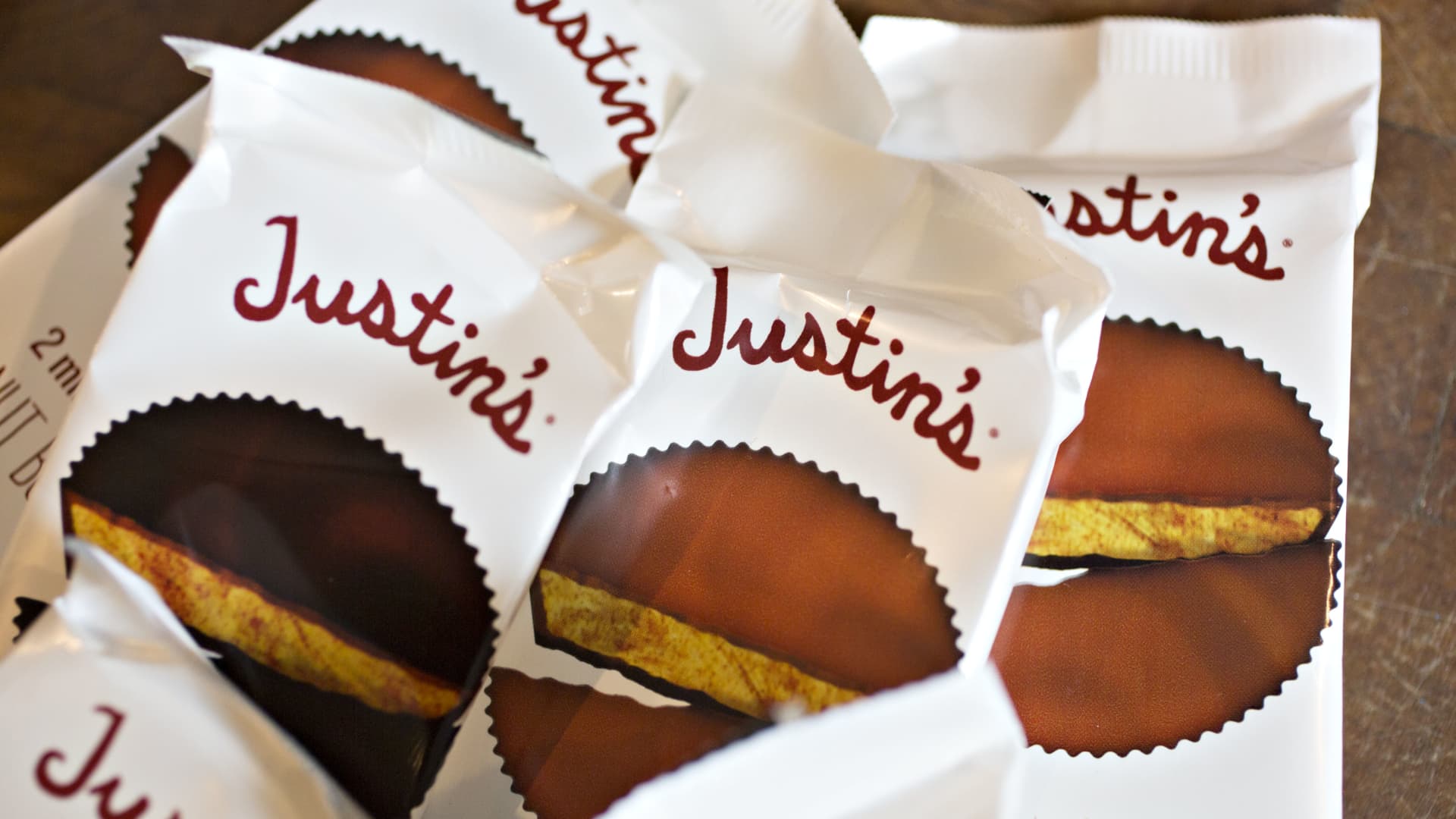 Packages of Justin's brand peanut butter cups are arranged for a photograph in Tiskilwa, Illinois, U.S., on Monday, Aug. 15, 2016. 