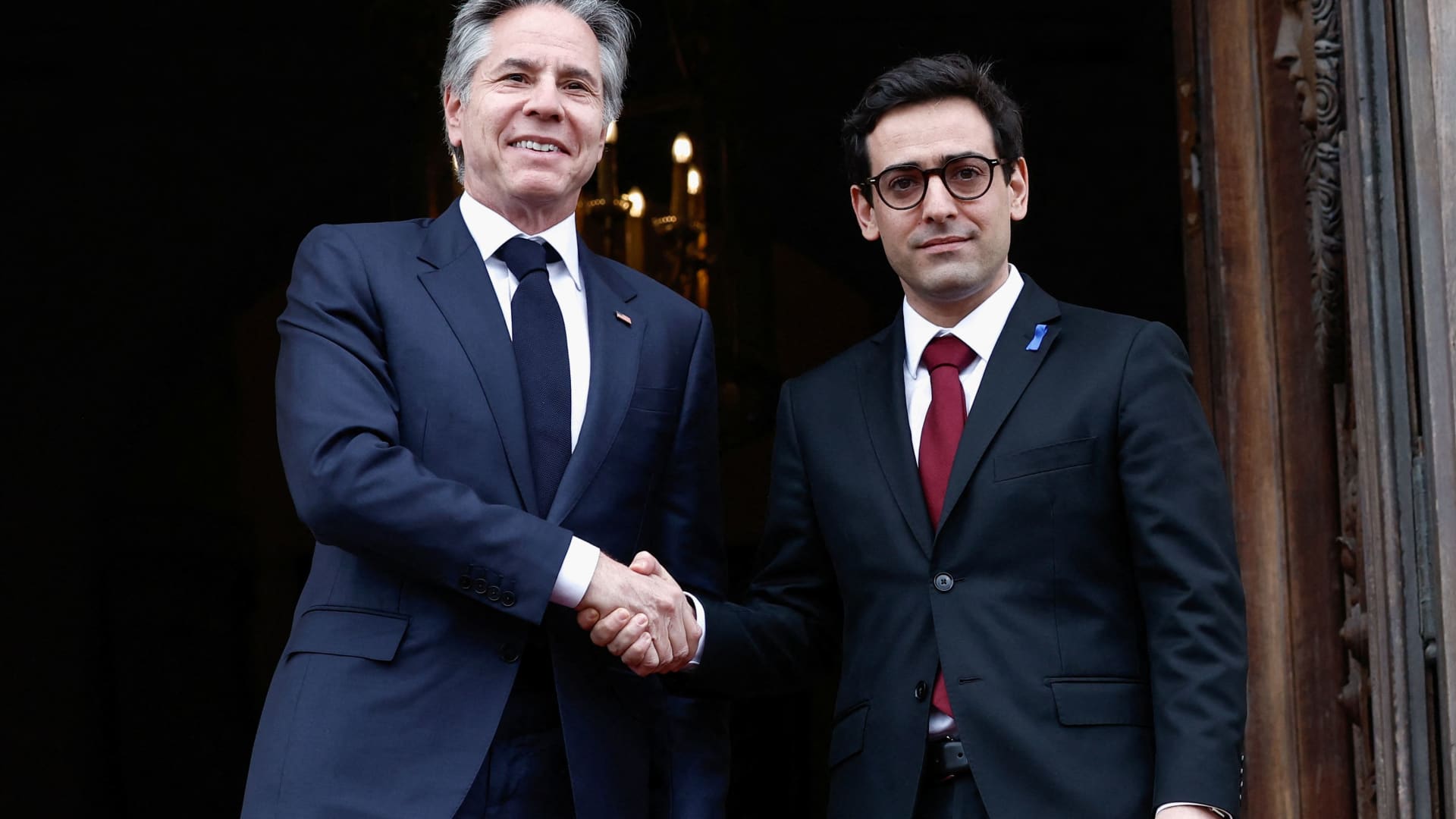 U.S. Secretary of State Antony Blinken shakes hands with French Foreign Minister Stephane Sejourne at the Ministry of Foreign Affairs in Paris, France, April 2, 2024. 