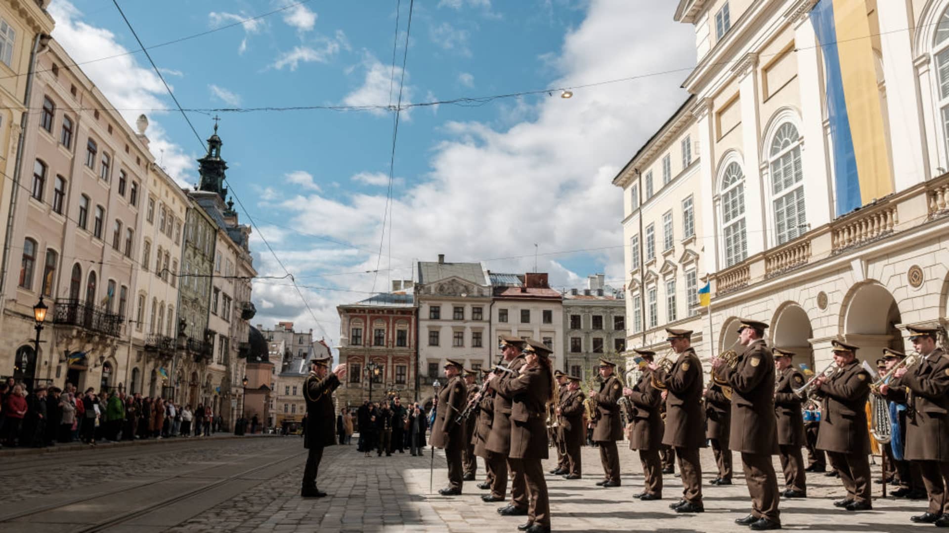 Military band of Hetman Petro Sahaidachnyi National Ground Forces Academy performs on Rynok (Market) Square in front of the Lviv City Hall on the 34th anniversary of raising the Ukrainian flag on April 3, 2024 in Lviv, Ukraine.