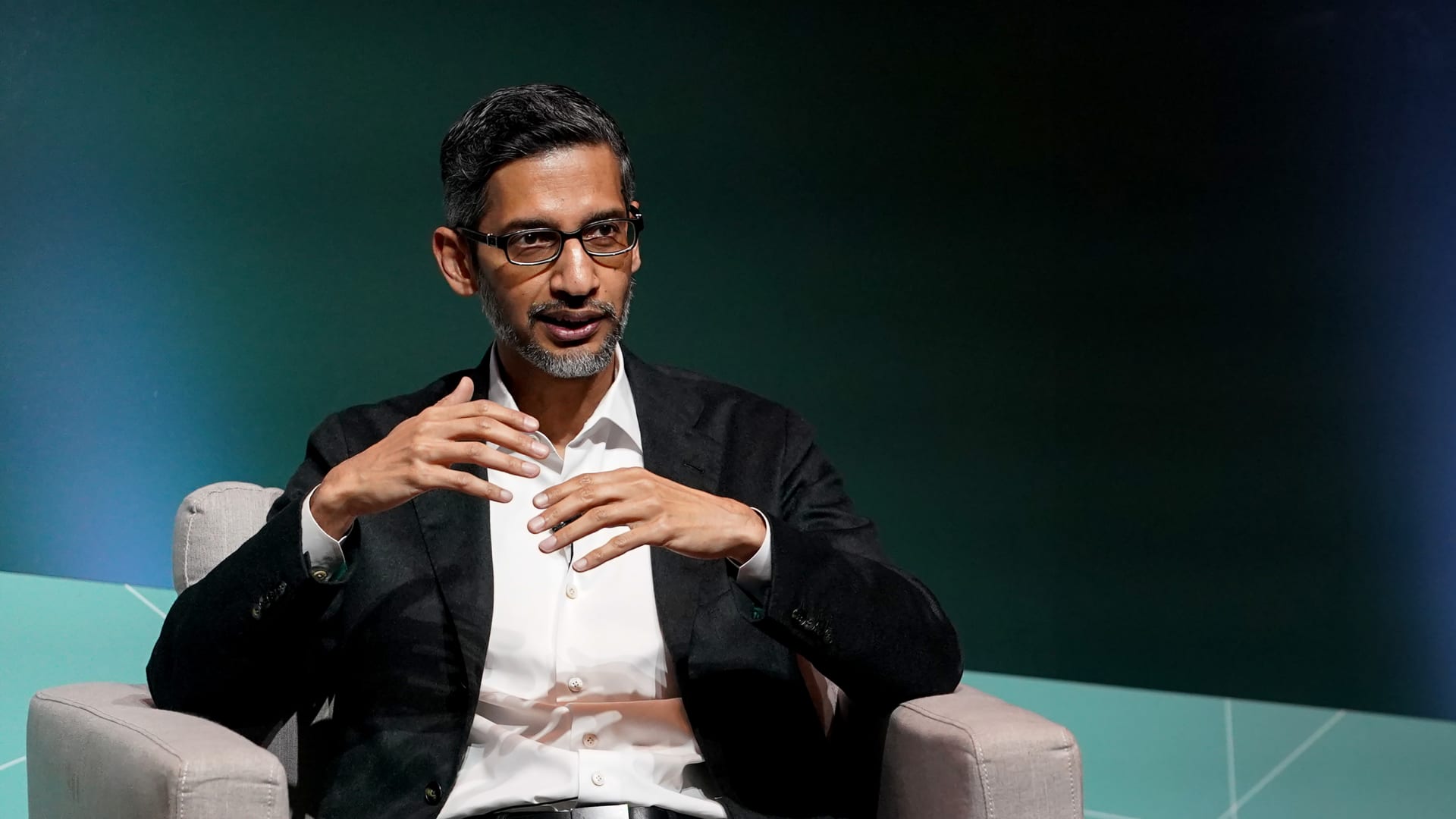 Sundar Pichai, chief executive officer of Alphabet Inc., during Stanford's 2024 Business, Government, and Society forum in Stanford, California, US, on Wednesday, April 3, 2024. 