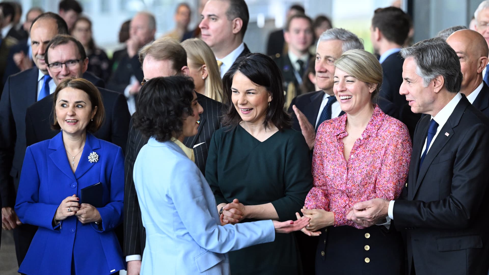Belgian Foreign Minister Hadja Lahbib (2nd L), German Foreign Minister Annalena Baerbock (3rd R), Canadian Foreign Minister Melanie Joly (2nd R), US Secretary of State Antony Blinken (R) attend NATO's 75th anniversary ceremony, held in the gathering place called 'Agora' at the NATO headquarters in Brussels, Belgium on April 4, 2024. 