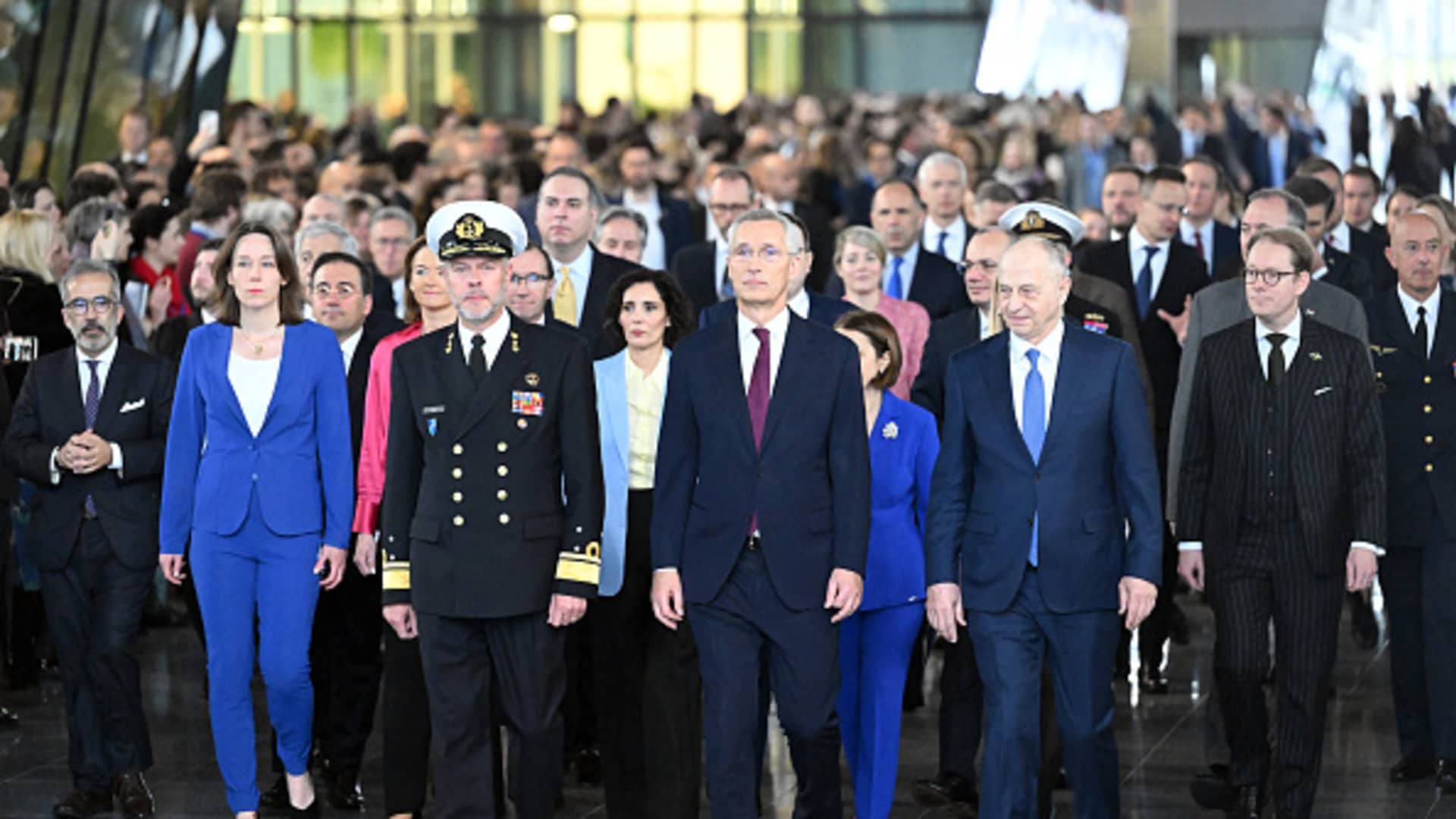 NATO Secretary General Jens Stoltenberg (C) attends NATO's 75th anniversary ceremony, held in the gathering place called 'Agora' at the NATO headquarters in Brussels, Belgium on April 4, 2024. 