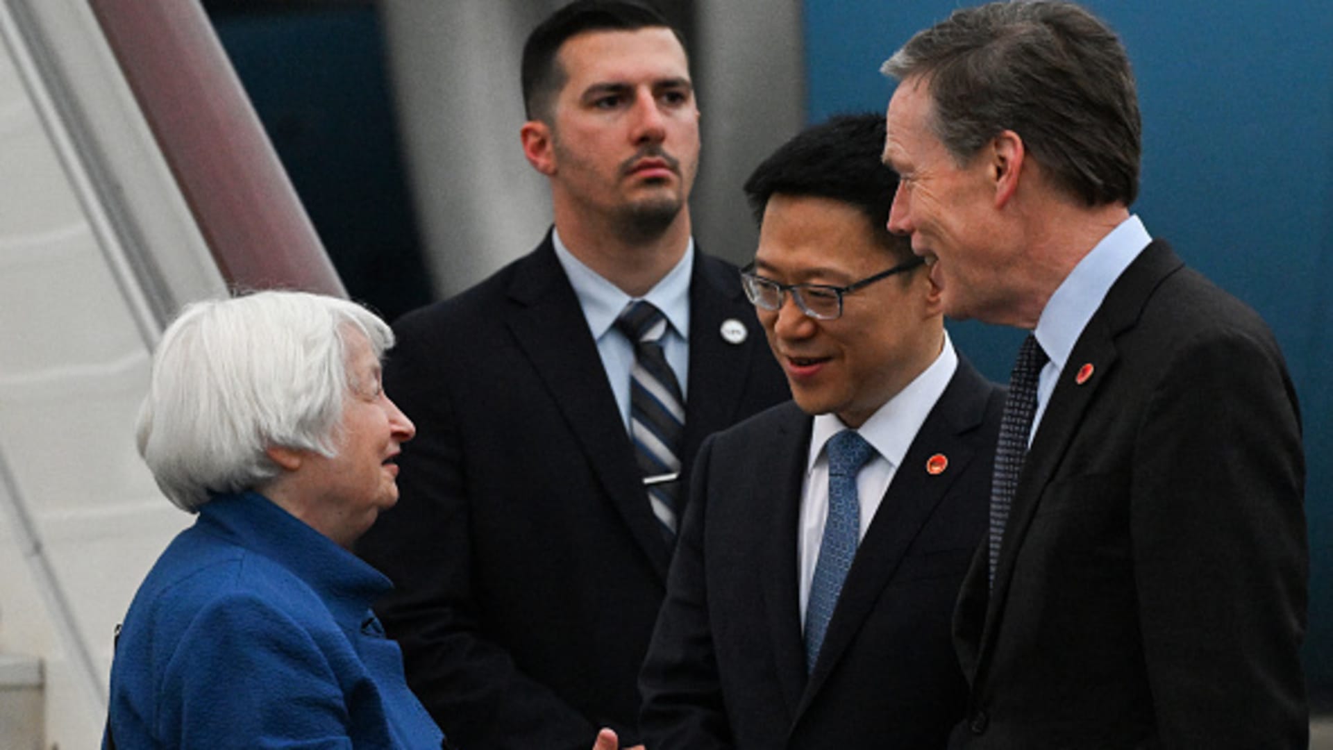 Chinese Vice Finance Minister Liao Min (2nd R) and U.S. Ambassador to China Nicholas Burns (R) receive U.S. Treasury Secretary Janet Yellen (R) upon her arrival in Guangzhou on April 4, 2024.