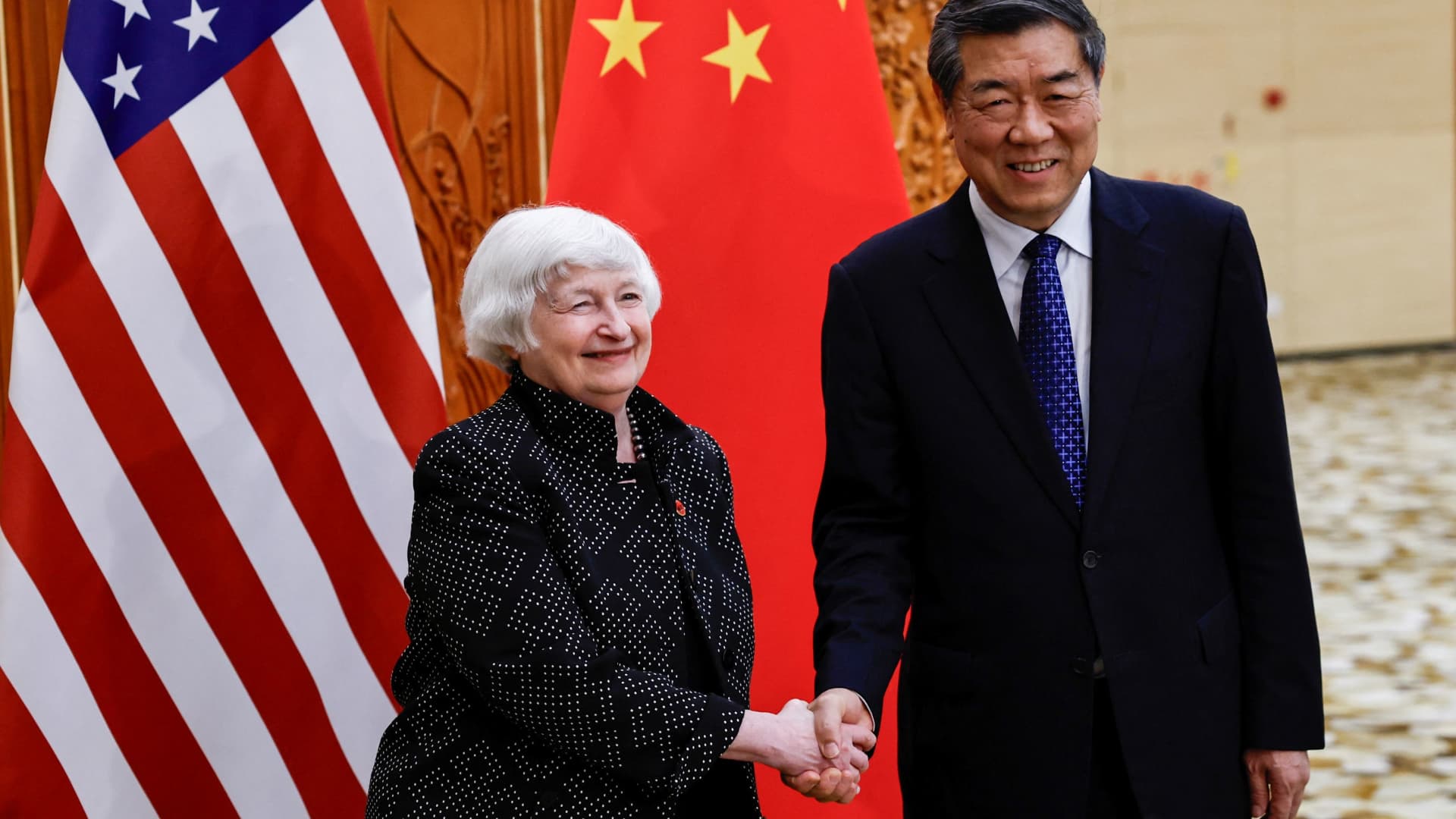 U.S. Treasury Secretary Janet Yellen shakes hands with China's Vice Premier He Lifeng before their meeting at the Guangdong Zhudao Guest House, in Guangzhou, Guangdong province, China, April 5, 2024. 