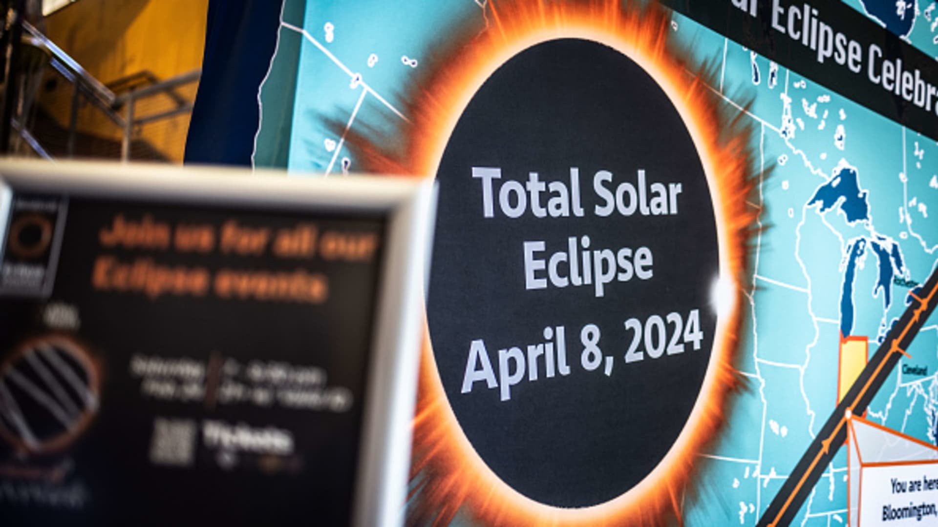 Signage advertising the total solar eclipse in Bloomington, Indiana, US, on Sunday, April 7, 2024. 