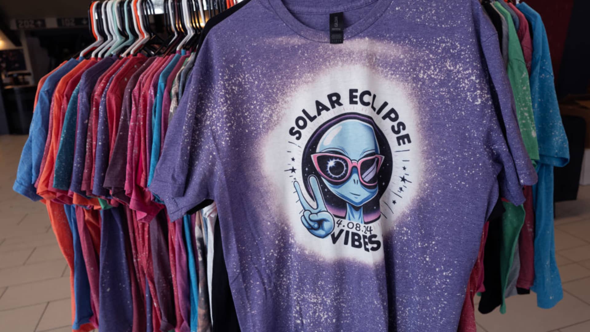Eclipse-themed T-shirts are offered for sale at a science fair at Southern Illinois University on April 07, 2024 in Carbondale, Illinois. 