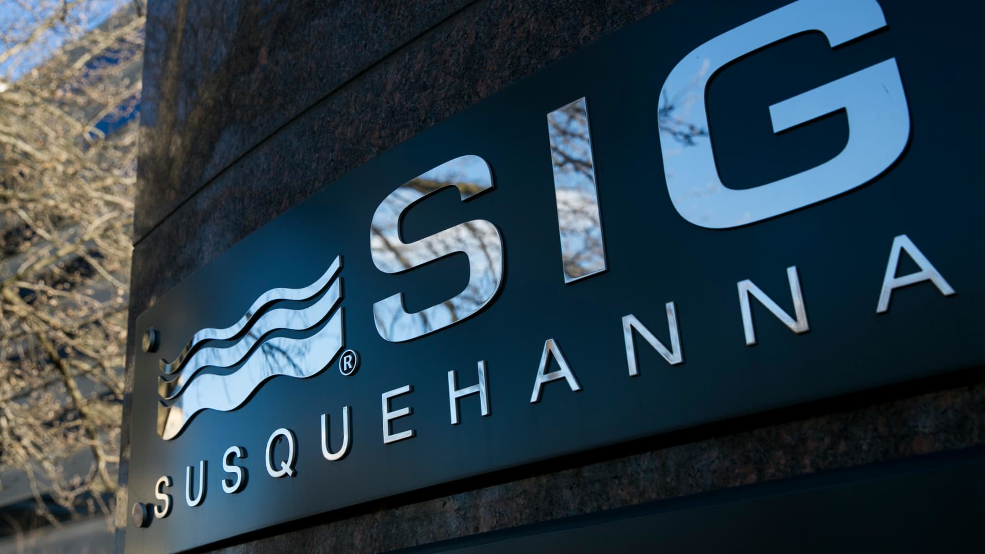 A logo sign outside of the headquarters of Susquehanna International Group in Bala Cynwyd, Pennsylvania on January 3, 2016.