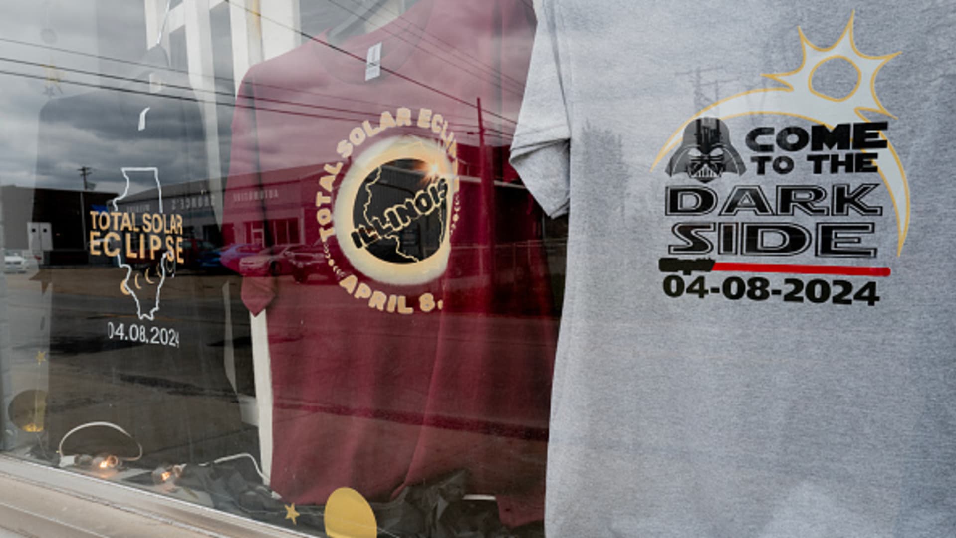 Solar eclipse t-shirts are offered for sale at Audra's Footprint on April 05, 2024 in Pinckneyville, Illinois. 