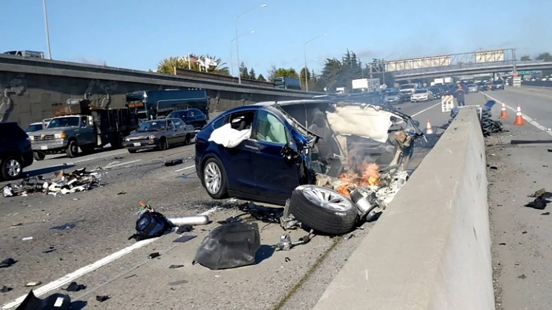 A Tesla Model X which crashed on U.S. Highway 101 (US-101) is seen in Mountain View, California, U.S. on March 23, 2018 in this handout image. 