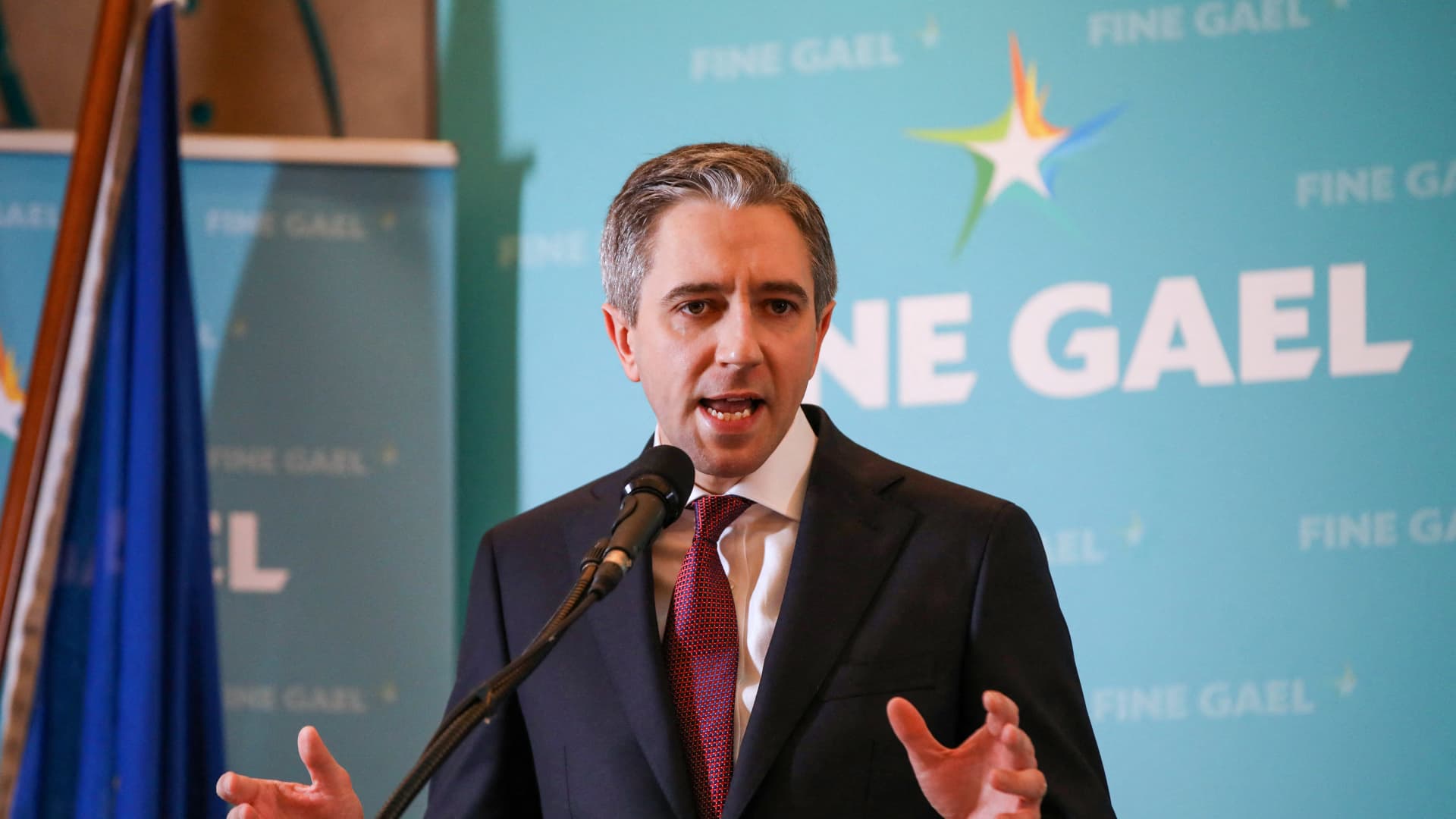 Newly-declared Fine Gael leader Simon Harris speaking at a convention in Athlone, central Ireland on March 24, 2024, after becoming de facto prime minister-in-waiting. Harris took over following the shock resignation of predecessor Leo Varadkar.