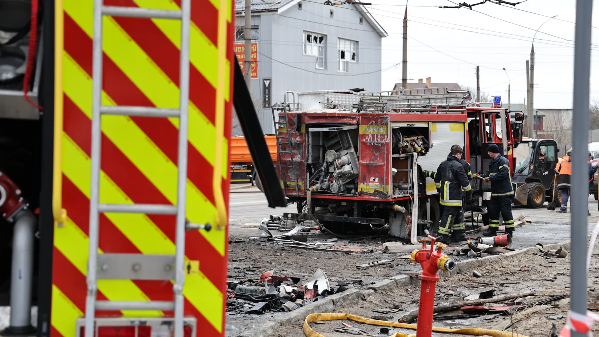 A view of a damaged fire truck after Russian forces launched a massive drone attack on the city of Kharkiv, Ukraine on April 4, 2024. The drone attack killed 4, injured 12 people. 
