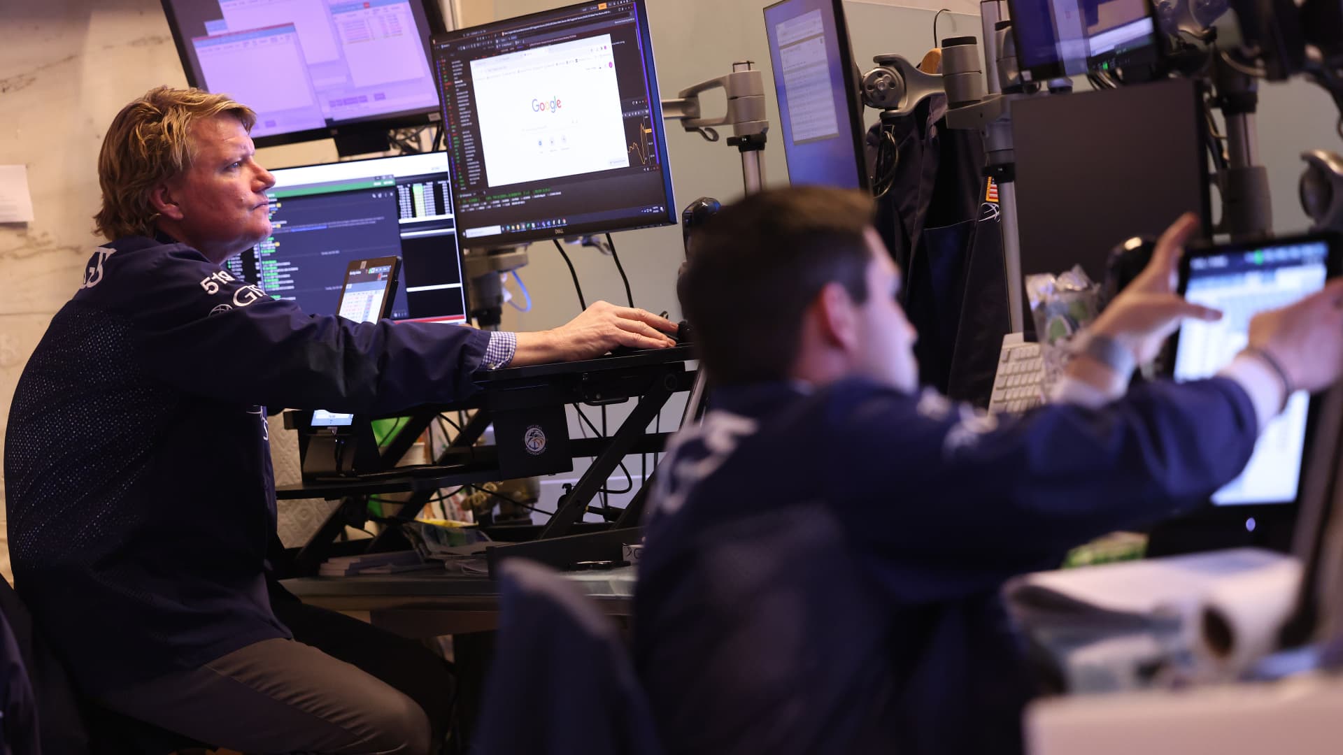 Traders work on the floor of the New York Stock Exchange during afternoon trading on April 09, 2024 in New York City.