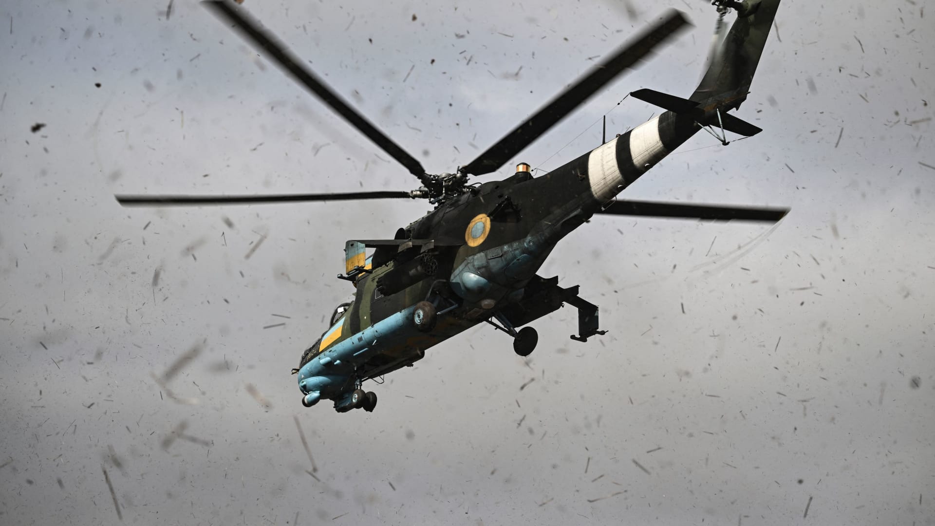 A Mi-24 fighting helicopter takes off for a mission against Russian targets on March 26, 2023, amid the Russian invasion of Ukraine. 