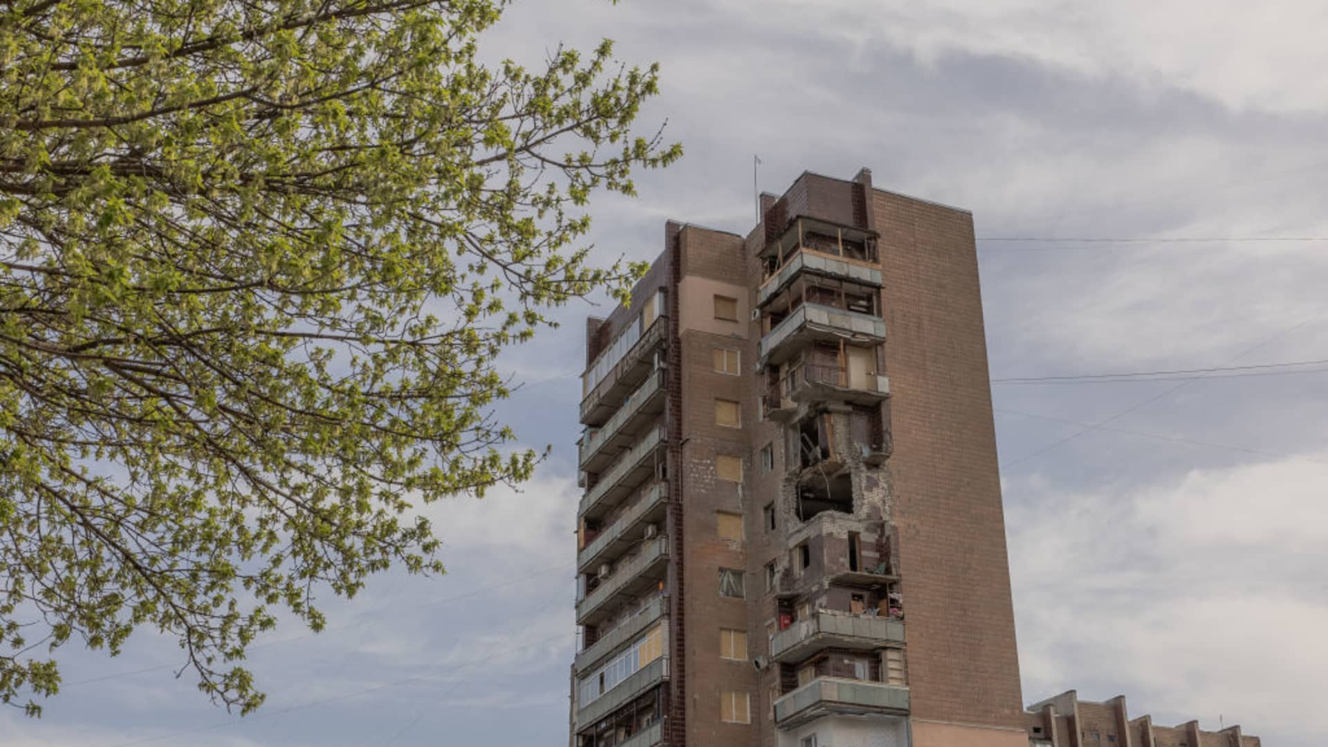 This photograph taken on April 9, 2024, shows a residential building that was recently damaged during Russian attacks on the city, in Kharkiv, amid the Russian invasion of Ukraine.