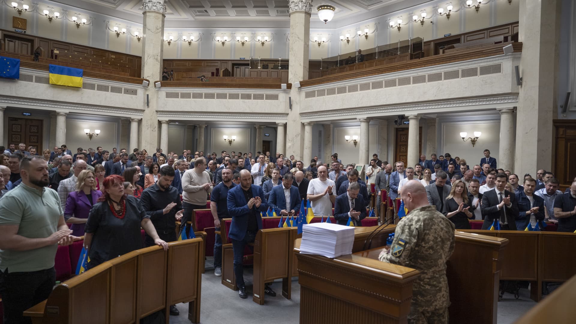 Commander of the Joint Forces of the Armed Forces of Ukraine, Yurii Sodol speaks from the rostrum before the Verkhovna Rada's law on military mobilization voting on April 11, 2024 in Kyiv, Ukraine.