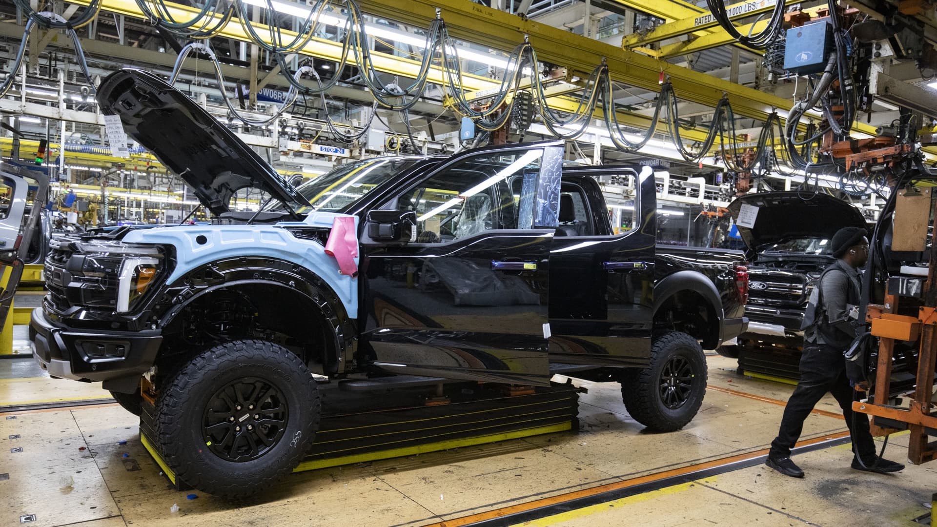 The new Ford F-150 truck goes through the assembly line at the Ford Dearborn Plant on April 11, 2024 in Dearborn, Michigan. 