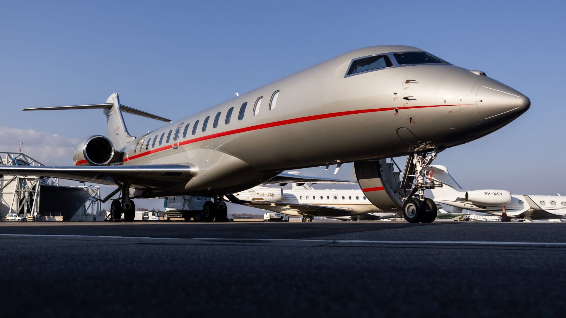 A Bombardier Global 7500 business jet is pictured during a presentation of the brand new aircraft from the global business aviation company at Geneva airport on March 3, 2022. 
