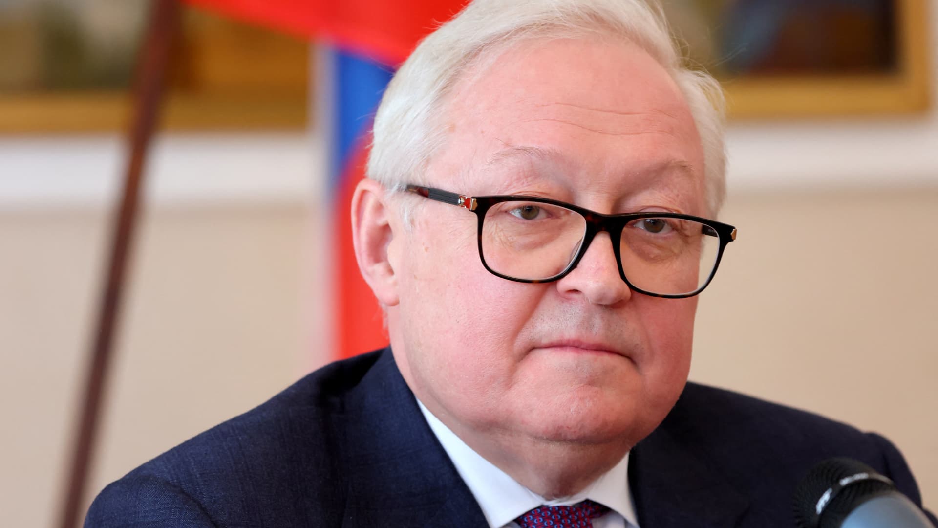Russian Deputy Foreign Minister Sergei Ryabkov attends a news conference at the Russian Mission after his speech at the Conference on Disarmament at the United Nations in Geneva, Switzerland March 2, 2023. 