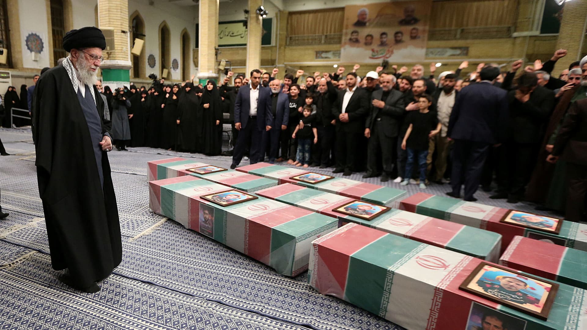 Iran's Supreme Leader, Ayatollah Ali Khamenei looks at the coffins of members of the Islamic Revolutionary Guard Corps who were killed in the Israeli airstrike on the Iranian embassy complex in the Syrian capital Damascus, during a funeral ceremony in Tehran, Iran April 4, 2024. Office of the Iranian Supreme 