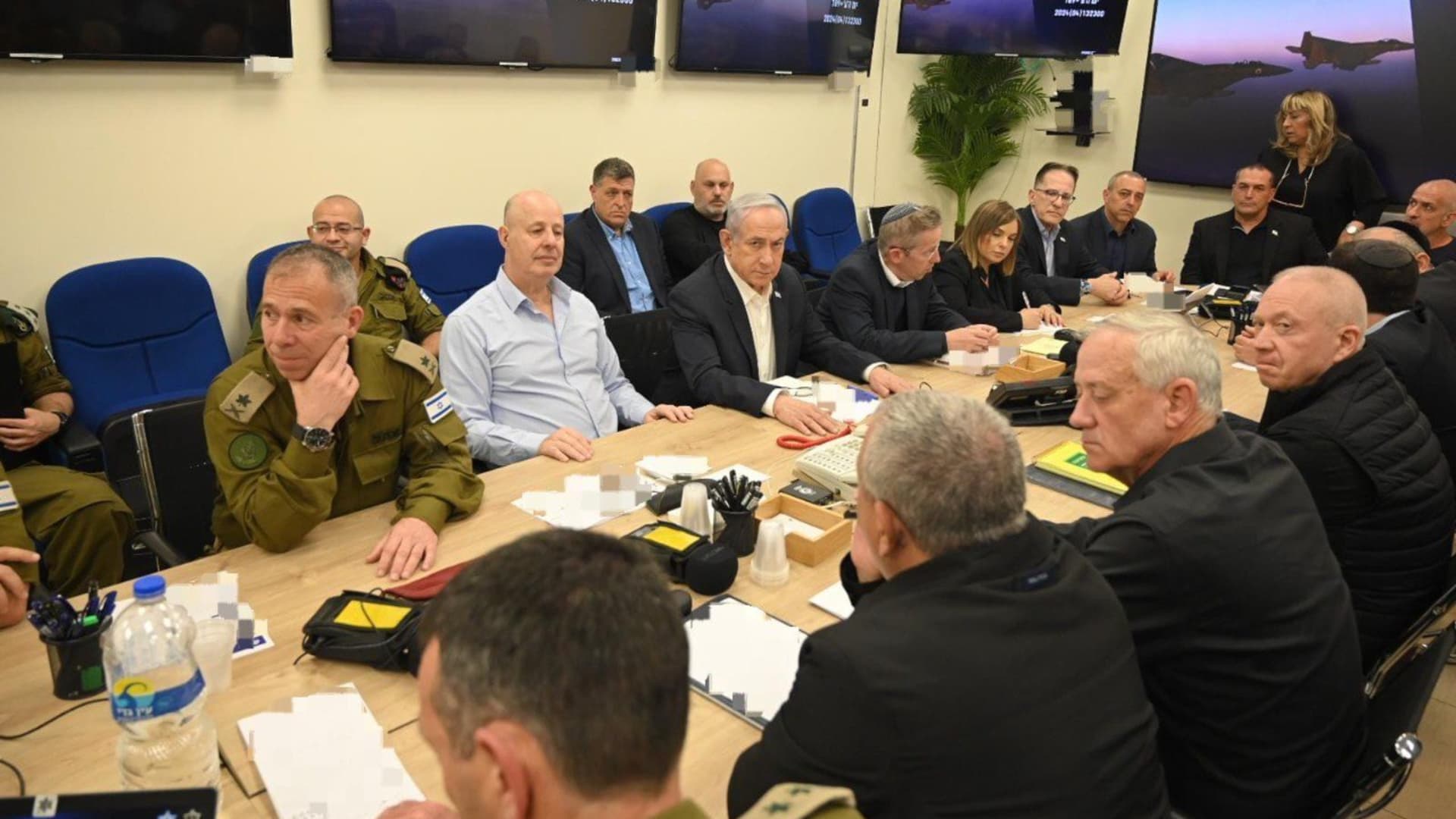 The Israel's war cabinet, chaired by Prime Minister Benjamin Netanyahu (3rd L), holds a meeting to discuss the drone attack launched by Iran in Tel Aviv, Israel on April 14, 2024. 