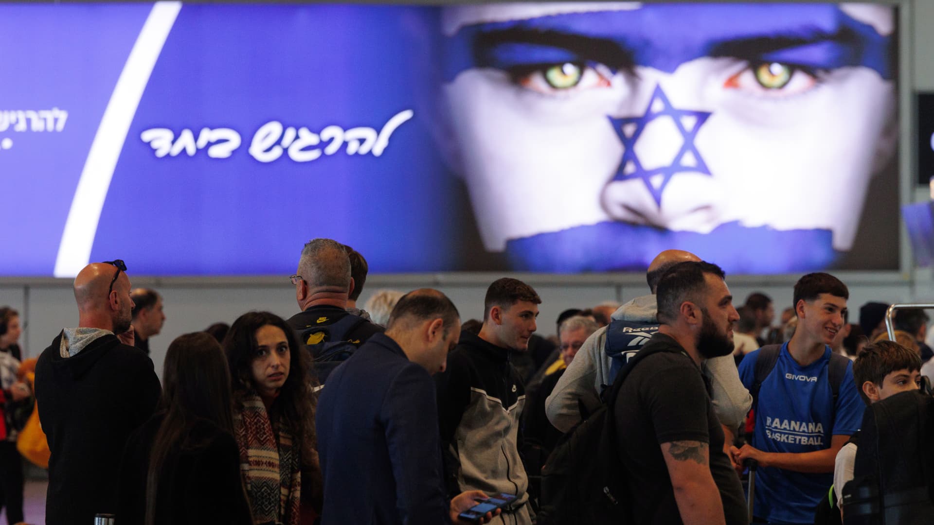Passengers in the departure terminal in Ben Gurion airport on the morning after a drone and missile attack from Iran, near Tel Aviv, Israel on Sunday, April 14, 2024. 