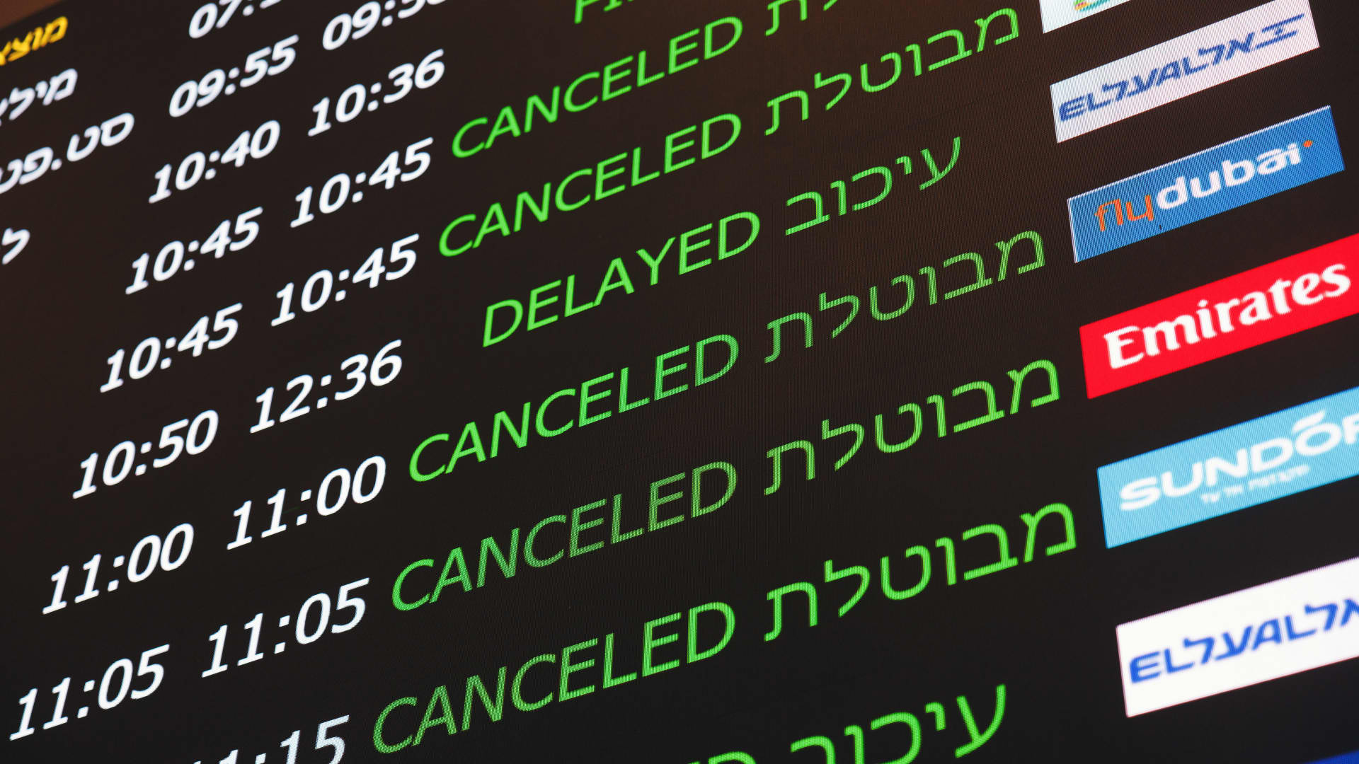 A flight information board displaying cancellations in the arrival terminal of Ben Gurion airport on the morning after a drone and missile attack from Iran, near Tel Aviv, Israel on Sunday, April 14, 2024. 