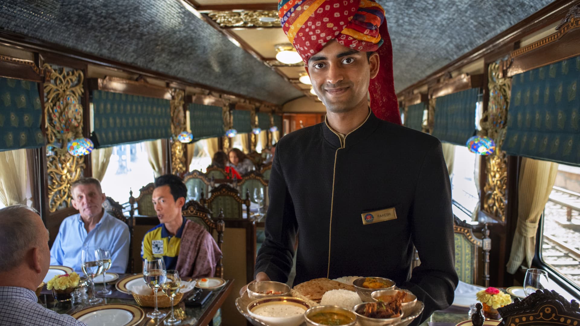 Indian food served in one of the dining cars on board the luxury Maharajas' Express.
