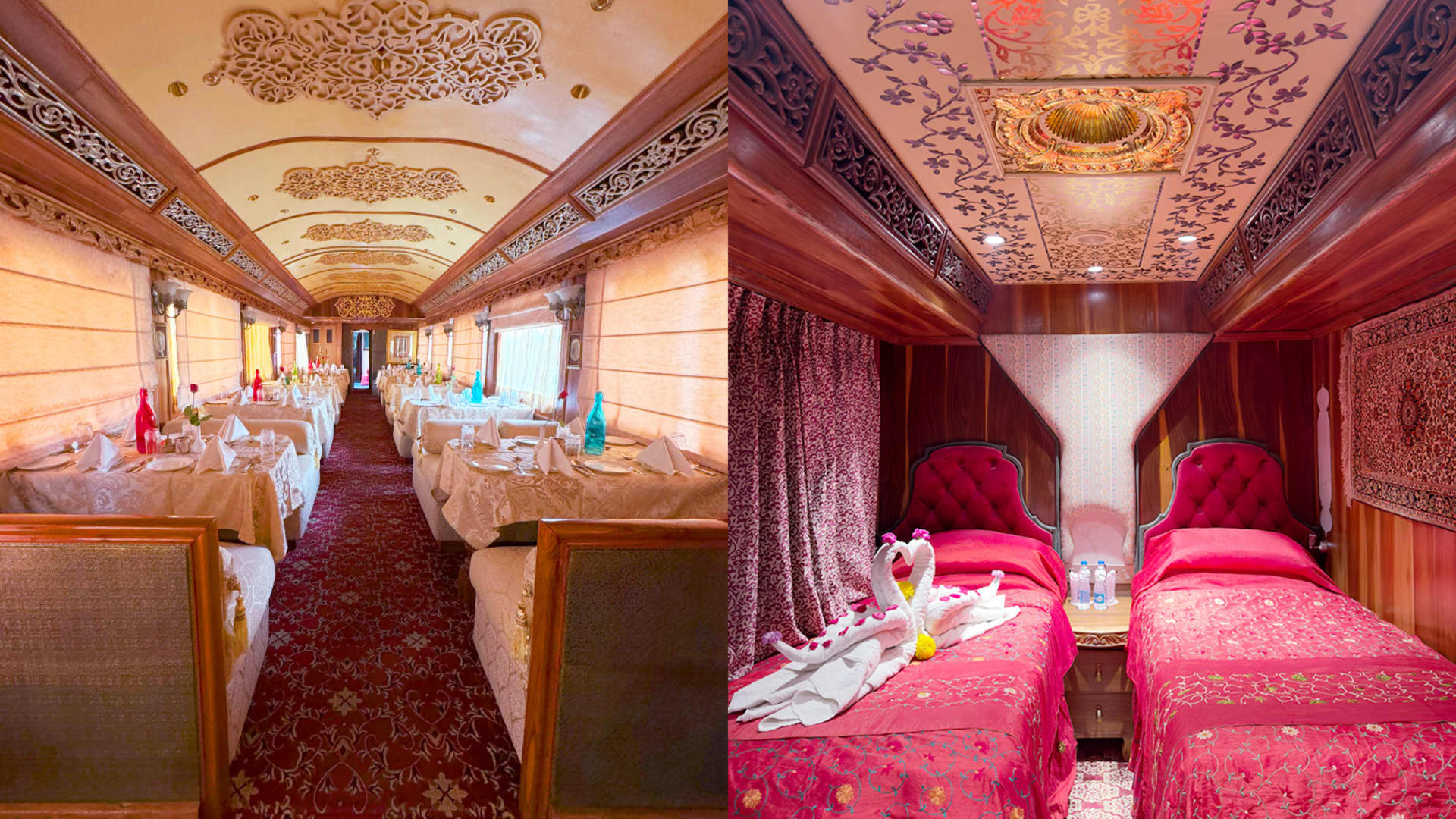 A peek inside a dining car and a cabin show the ornate details on board India's Palace on Wheels train.